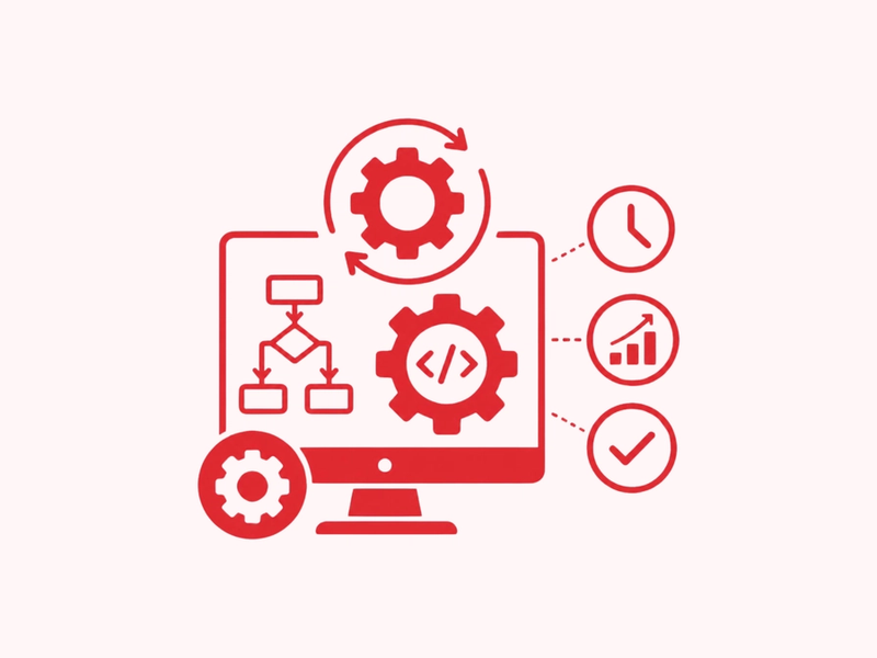 IT process automation icon with a flowchart, gear, and workflow outcome icons