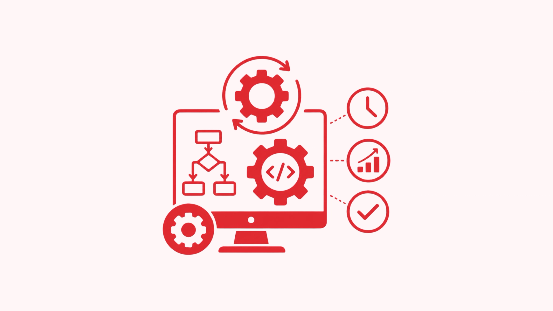 IT process automation icon with a flowchart, gear, and workflow outcome icons
