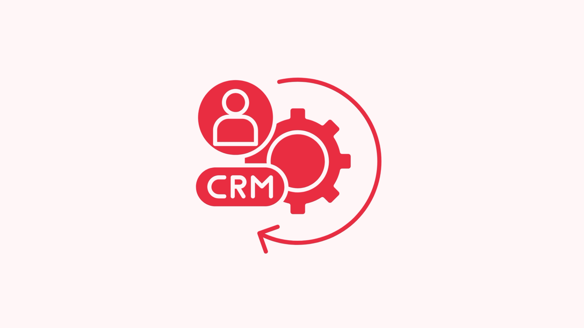Icon representing the CRM implementation process, showing a user profile, a gear, and a CRM label connected by a circular workflow arrow