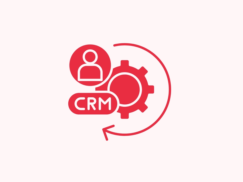 Icon representing the CRM implementation process, showing a user profile, a gear, and a CRM label connected by a circular workflow arrow