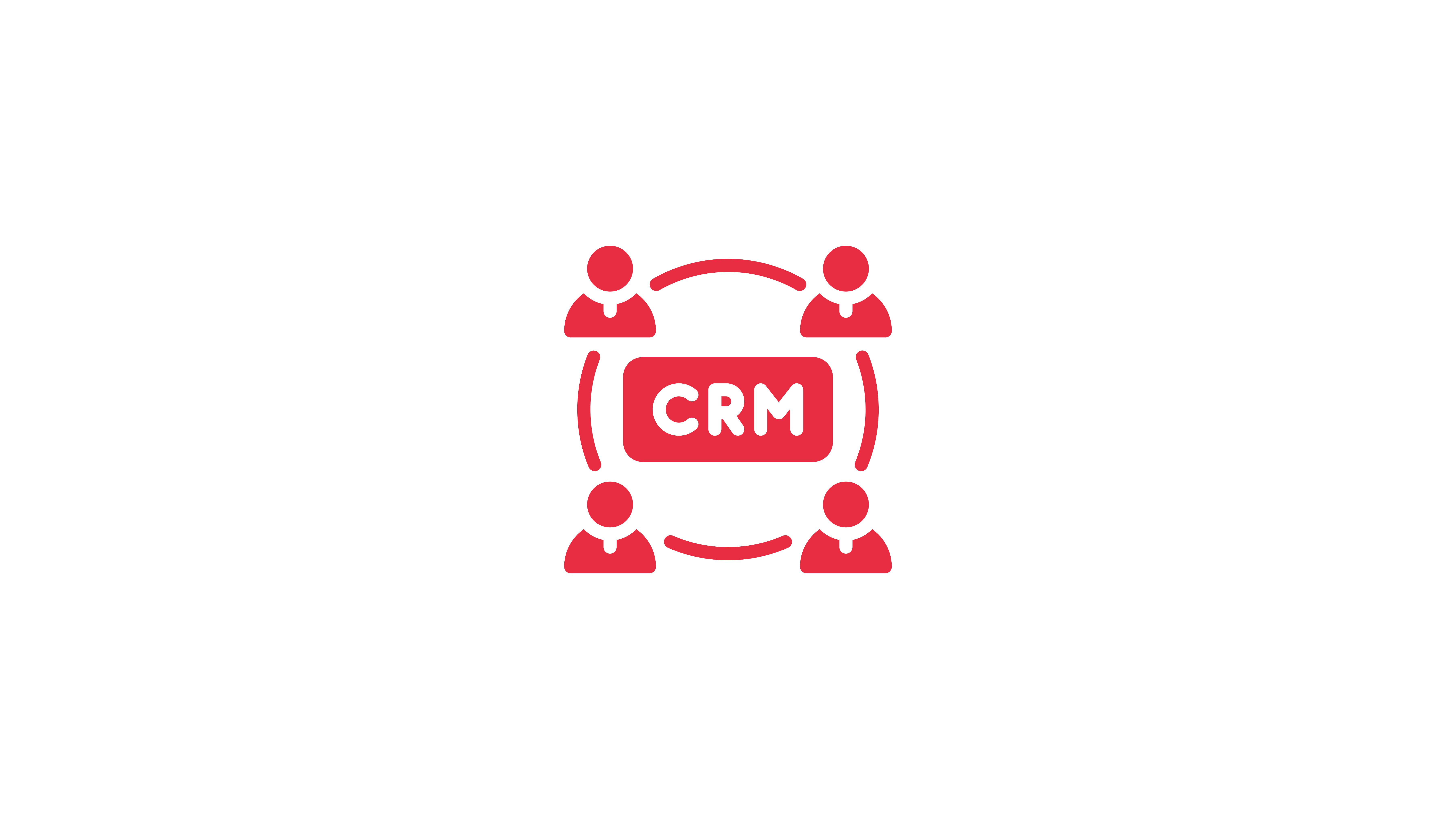 Person holding a tablet beside a laptop with a holographic CRM diagram showing a central CRM node connected to six user group icons