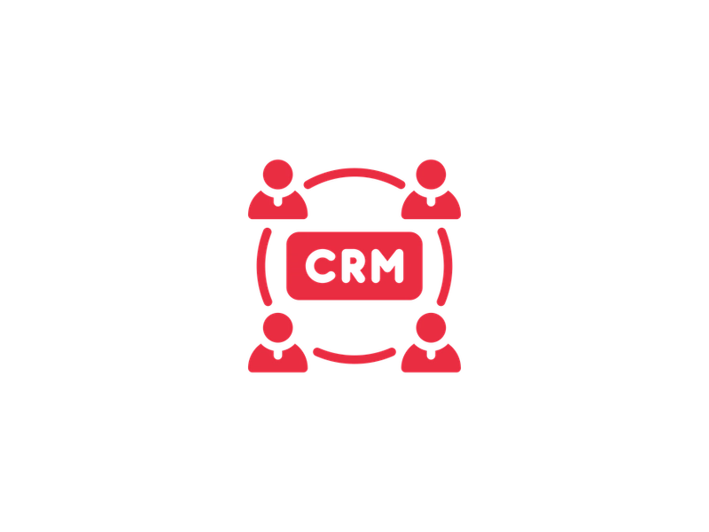 Person holding a tablet beside a laptop with a holographic CRM diagram showing a central CRM node connected to six user group icons