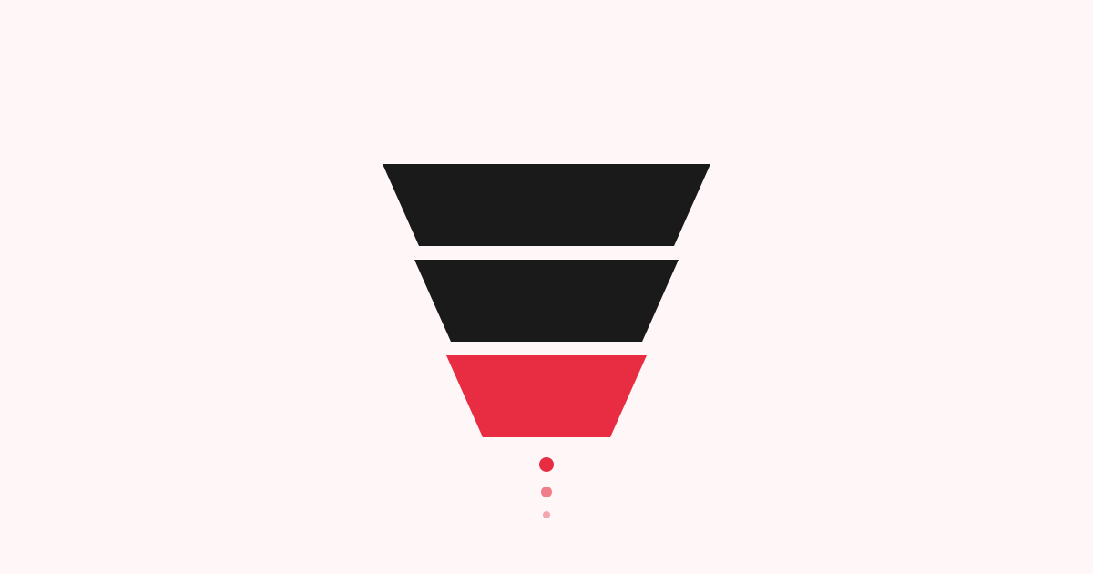 Sales funnel icon with three stacked bands narrowing into a red revenue output.