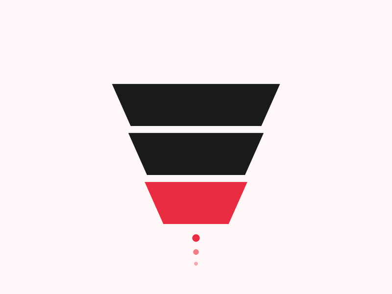 Sales funnel icon with three stacked bands narrowing into a red revenue output.