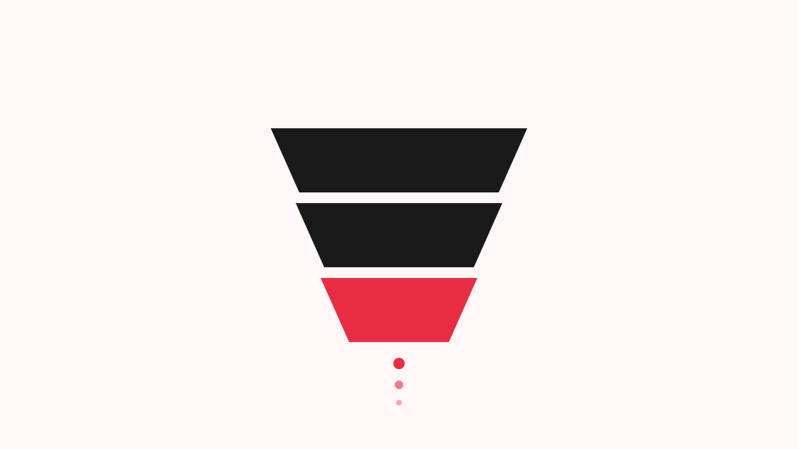 Sales funnel icon with three stacked bands narrowing into a red revenue output.