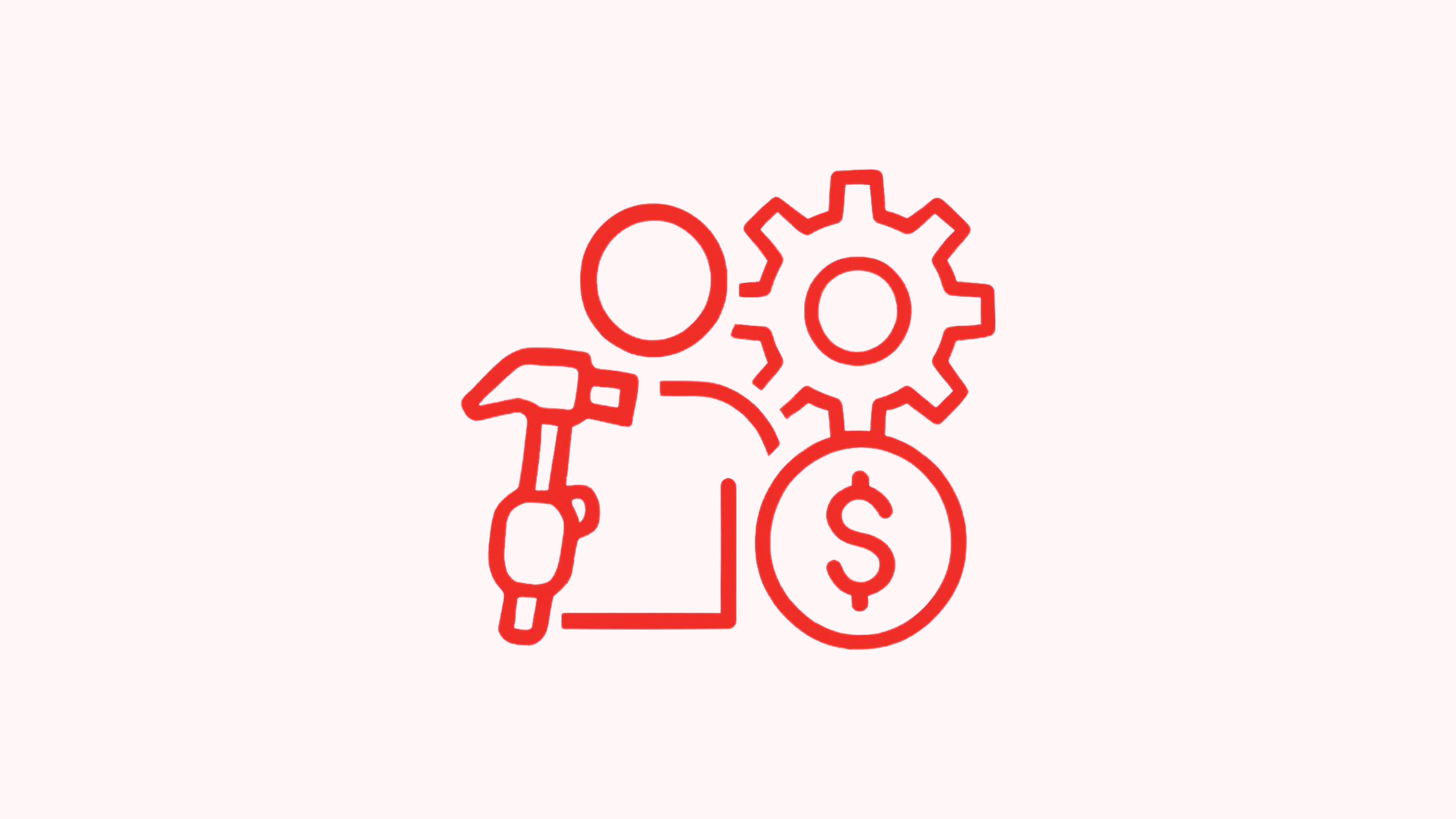 Red line icon of a person holding a hammer next to a gear and a dollar coin, representing the cost of manual work