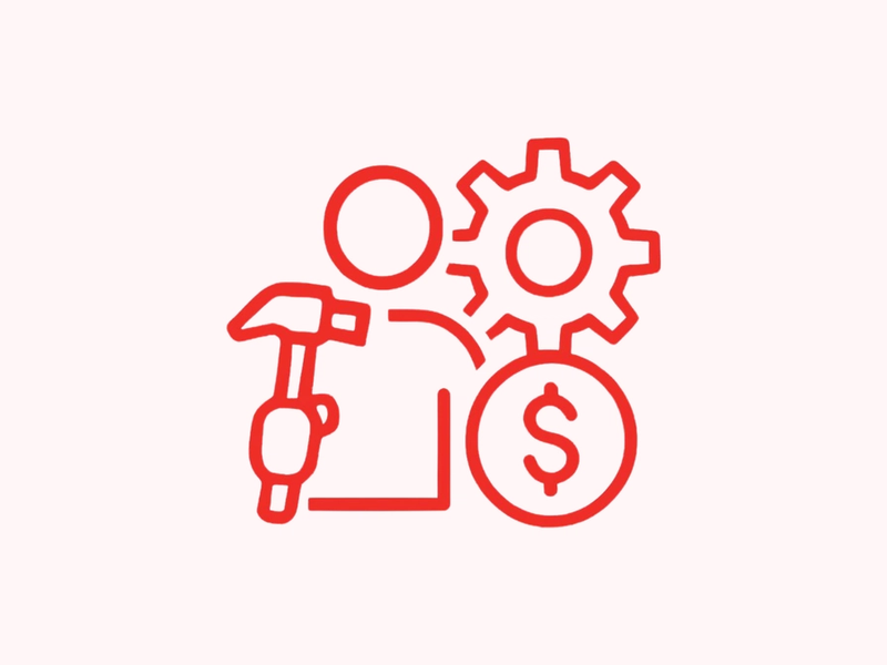 Red line icon of a person holding a hammer next to a gear and a dollar coin, representing the cost of manual work