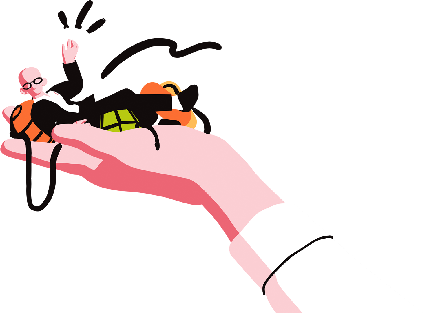 Illustration of a hand holding a person tangled in shapes