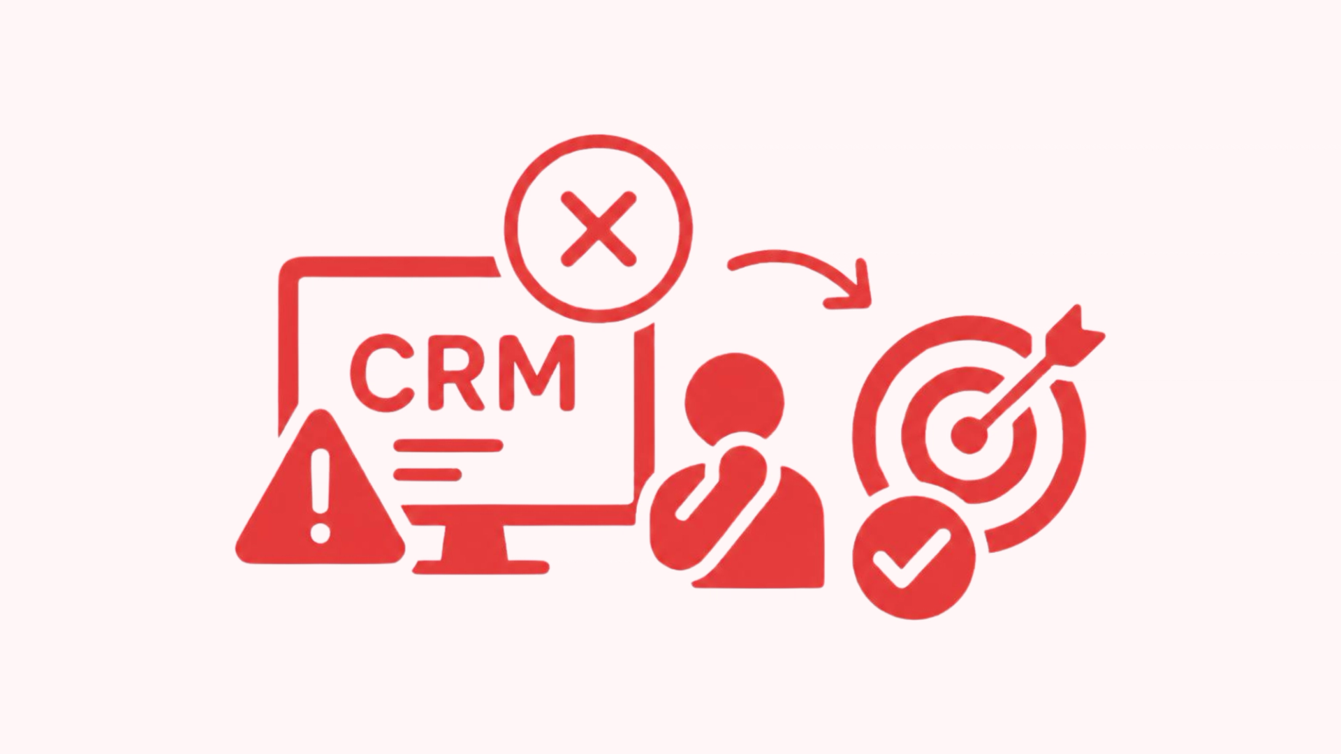 Icon showing a CRM screen with a warning triangle and X mark, an arrow pointing to a person, and a target hit by an arrow with a checkmark, representing fixing CRM problems to reach a successful outcome