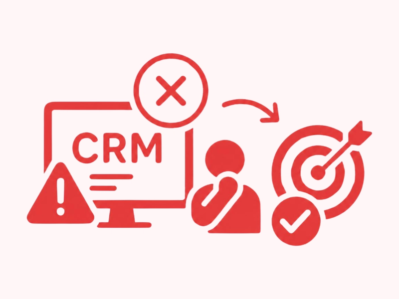 Icon showing a CRM screen with a warning triangle and X mark, an arrow pointing to a person, and a target hit by an arrow with a checkmark, representing fixing CRM problems to reach a successful outcome