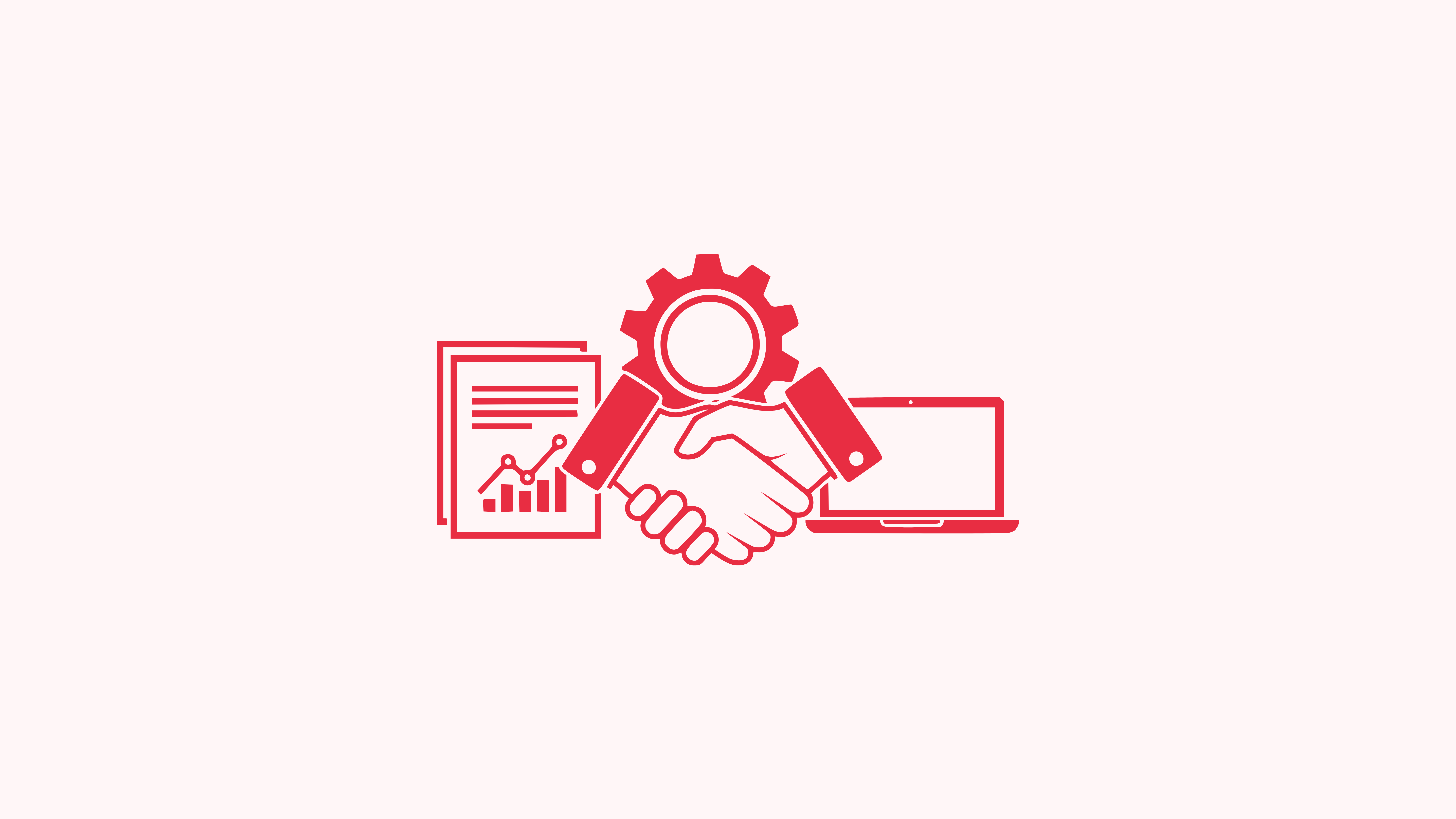 Red line icon of a handshake in front of a gear, a chart document, and a laptop, representing software integration on a blush pink background