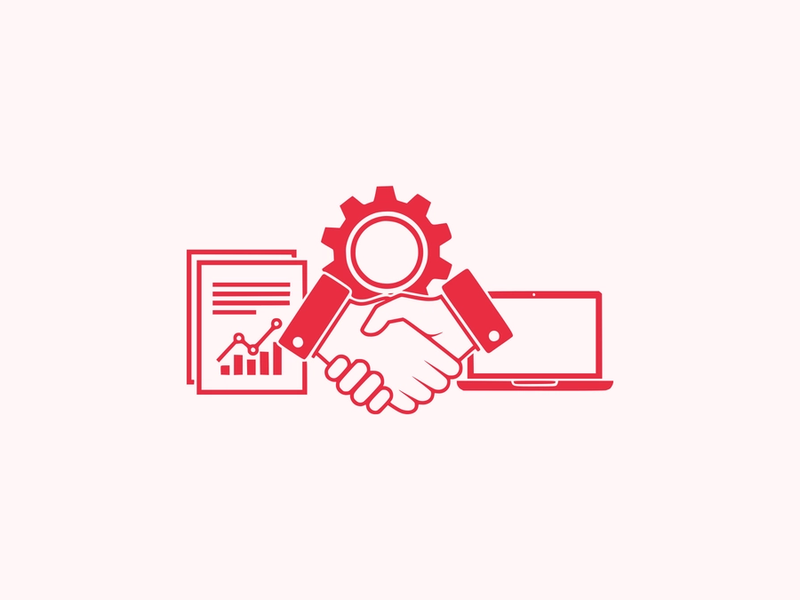 Red line icon of a handshake in front of a gear, a chart document, and a laptop, representing software integration on a blush pink background