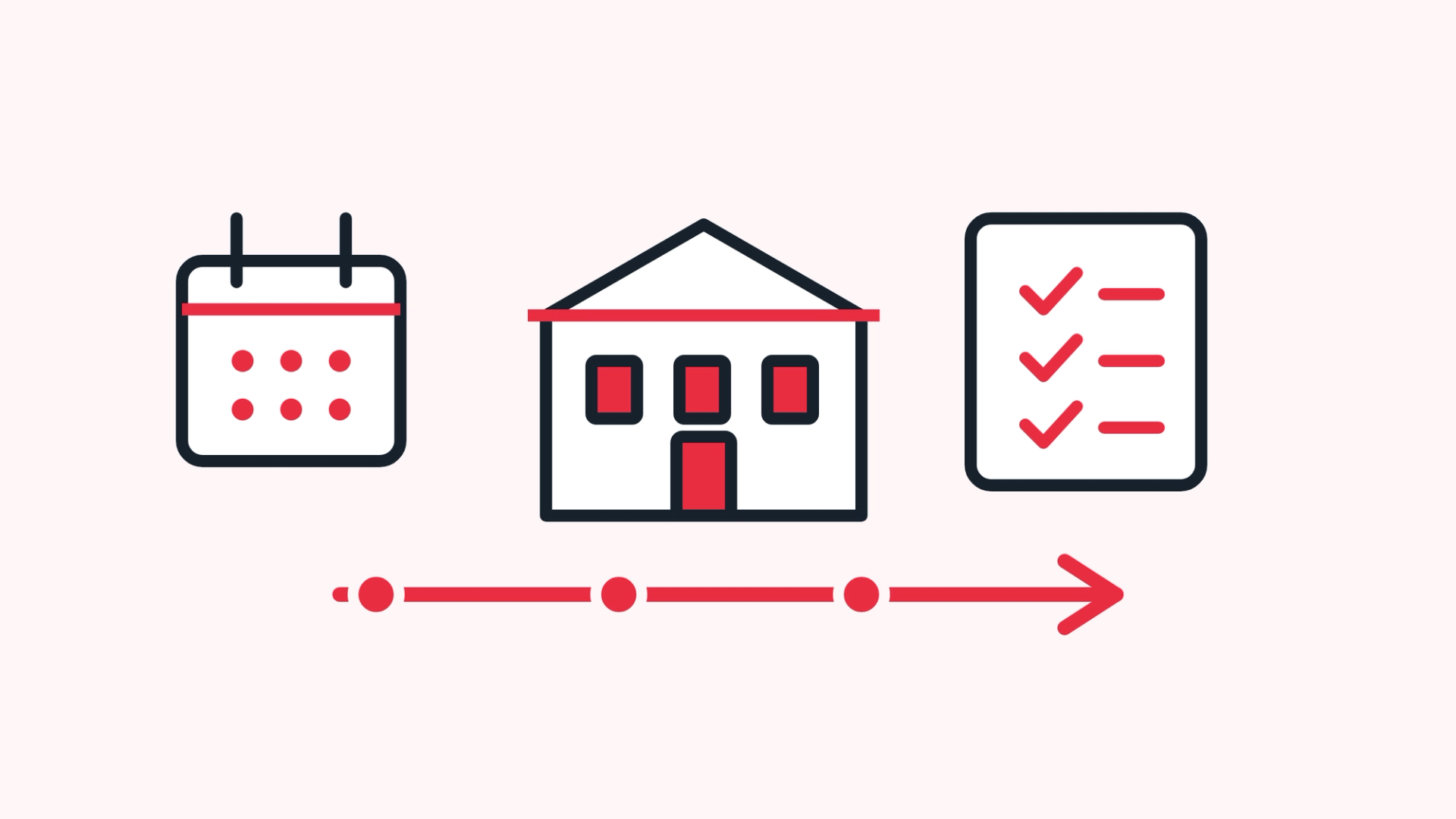 Calendar, senior living building, and checklist icons above a timeline arrow, illustrating a month-end close process.