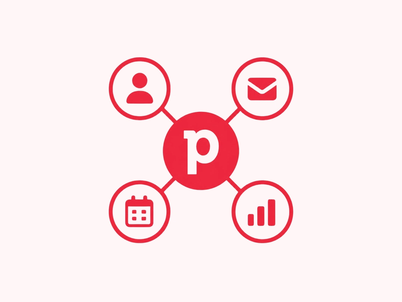 Icon showing a central Pipedrive "p" logo connected to four surrounding icons: a person, an email envelope, a calendar, and a bar chart, representing Pipedrive integrating with contacts, email, scheduling, and reporting tools.