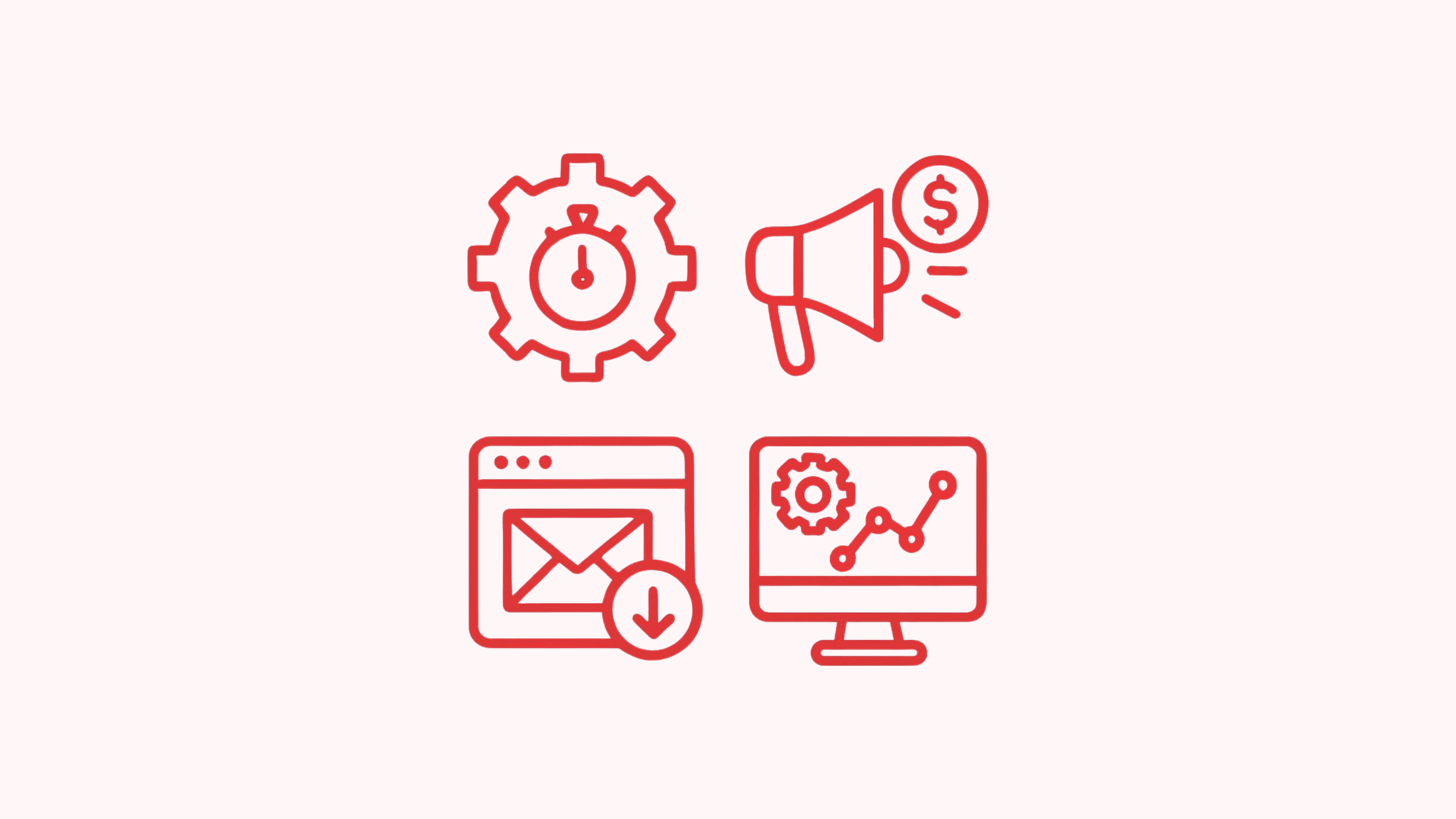Four red line icons representing marketing automation: a gear with timer, a megaphone with dollar sign, an email inbox, and a monitor with analytics chart