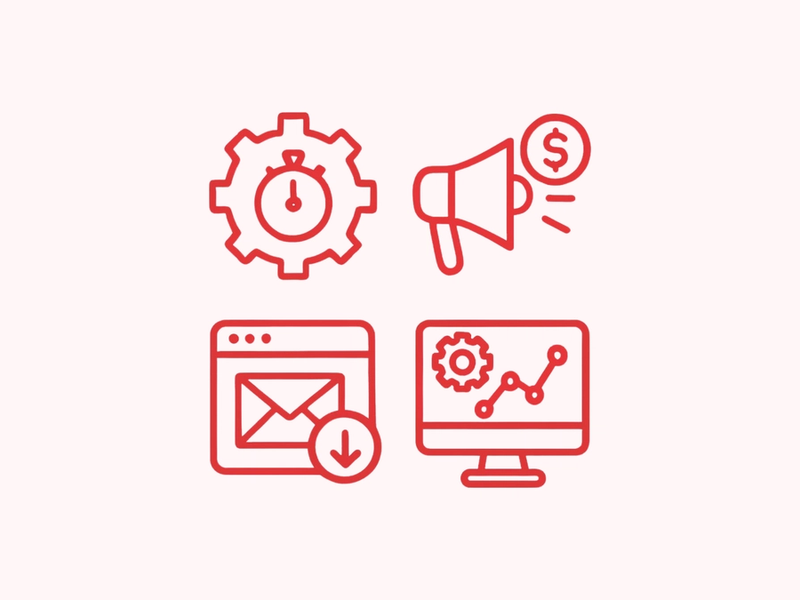 Four red line icons representing marketing automation: a gear with timer, a megaphone with dollar sign, an email inbox, and a monitor with analytics chart