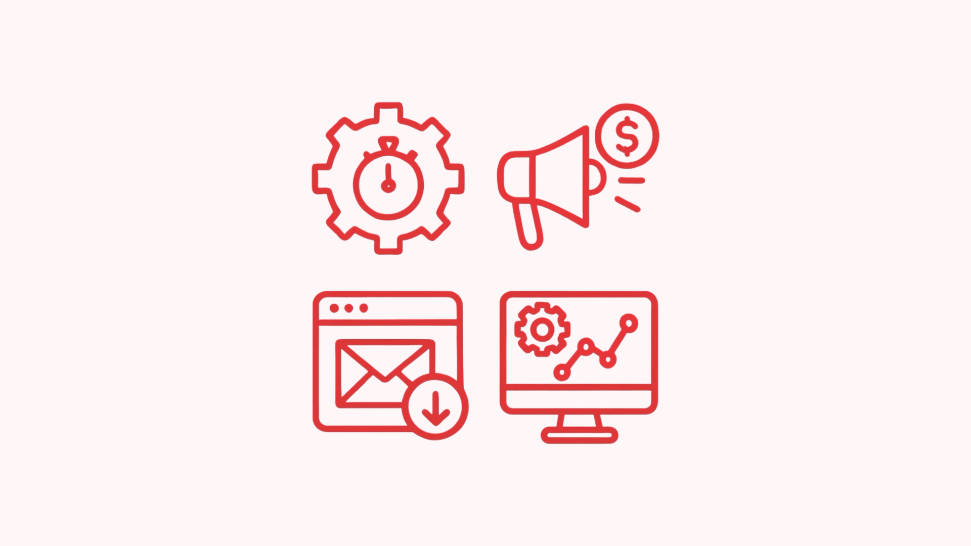 Four red line icons representing marketing automation: a gear with timer, a megaphone with dollar sign, an email inbox, and a monitor with analytics chart