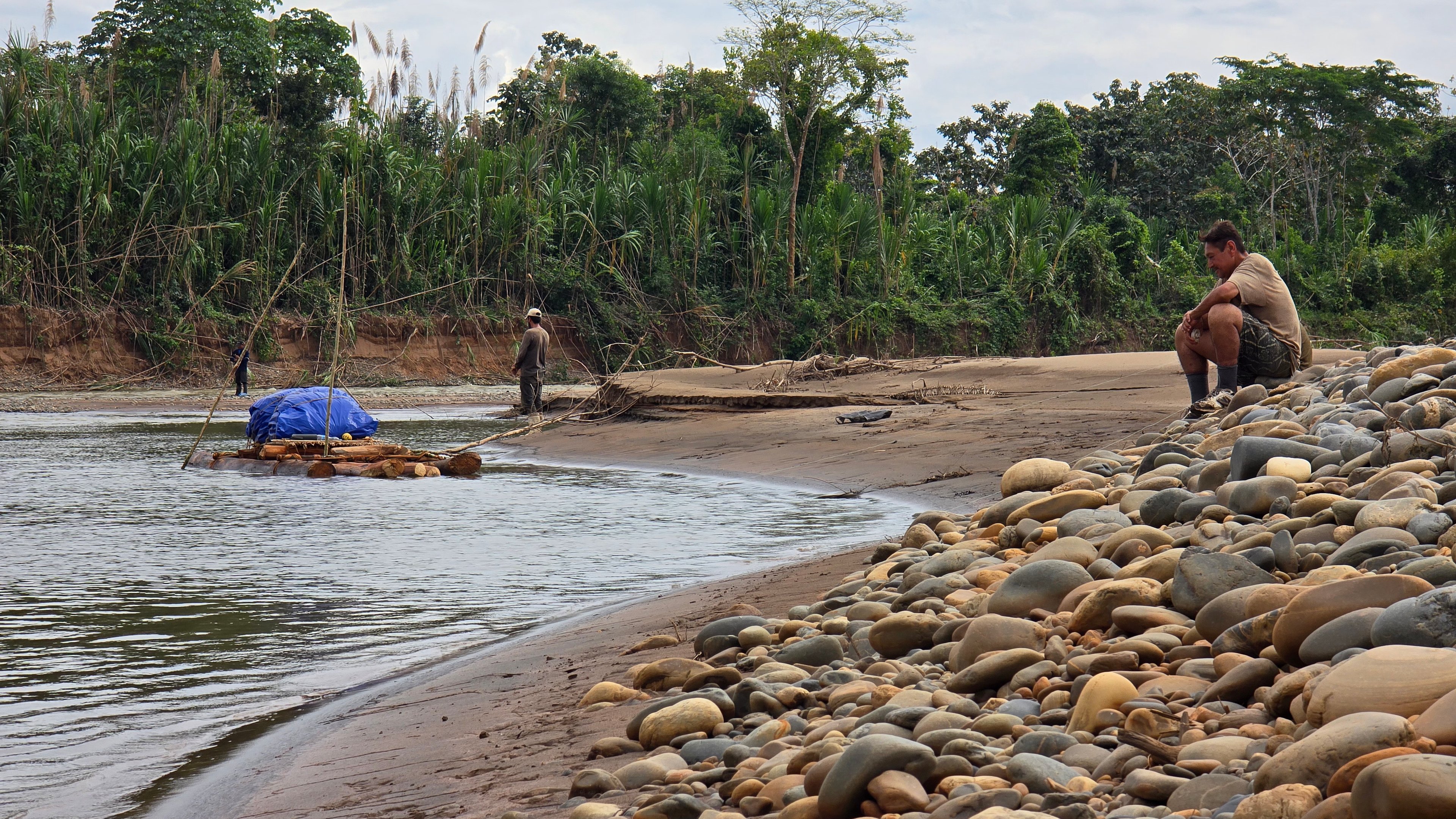 David Bossek on the completed raft on a tributary of the Amazon.