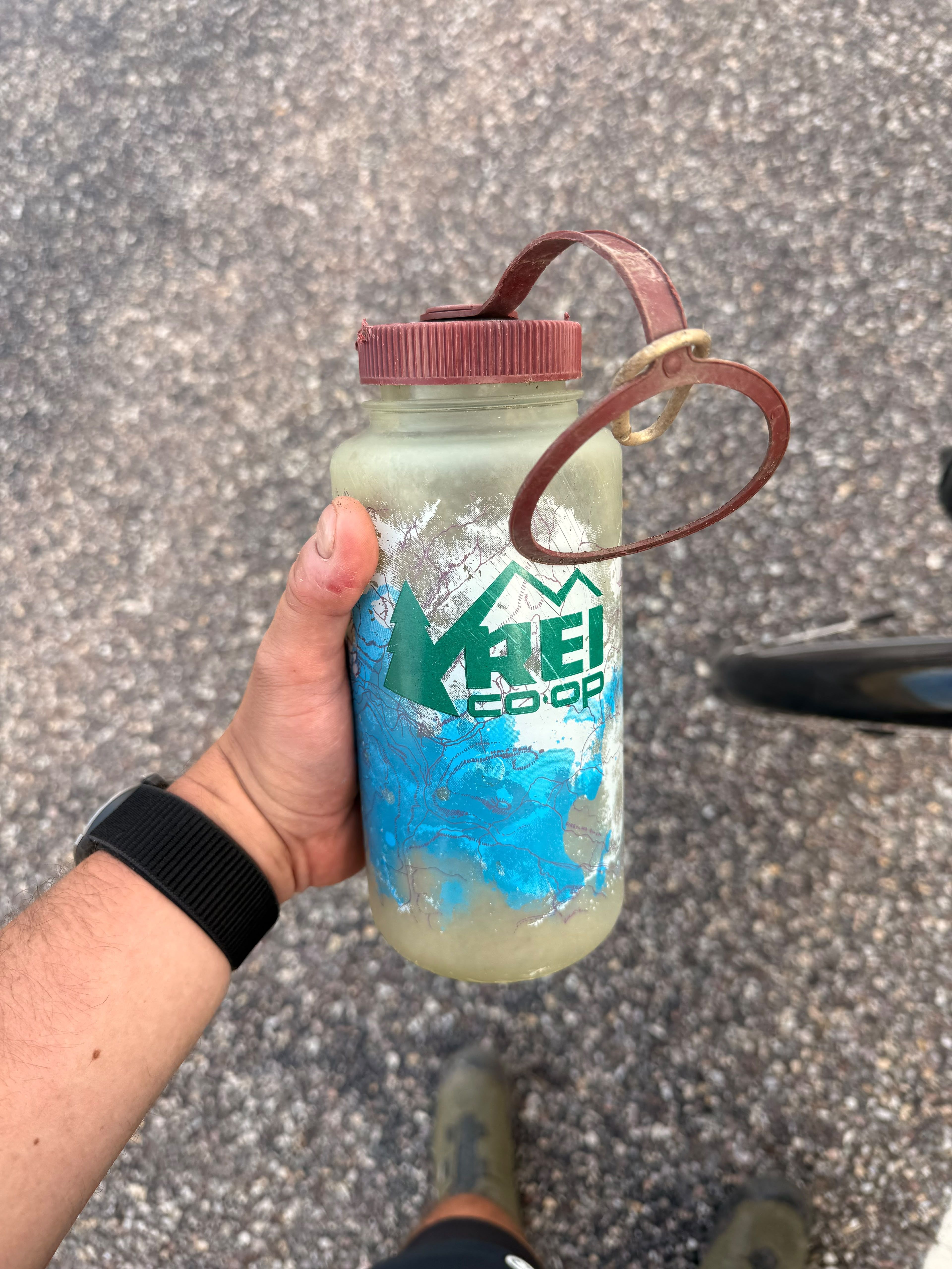 A worn Nalgene bottle held in a hand