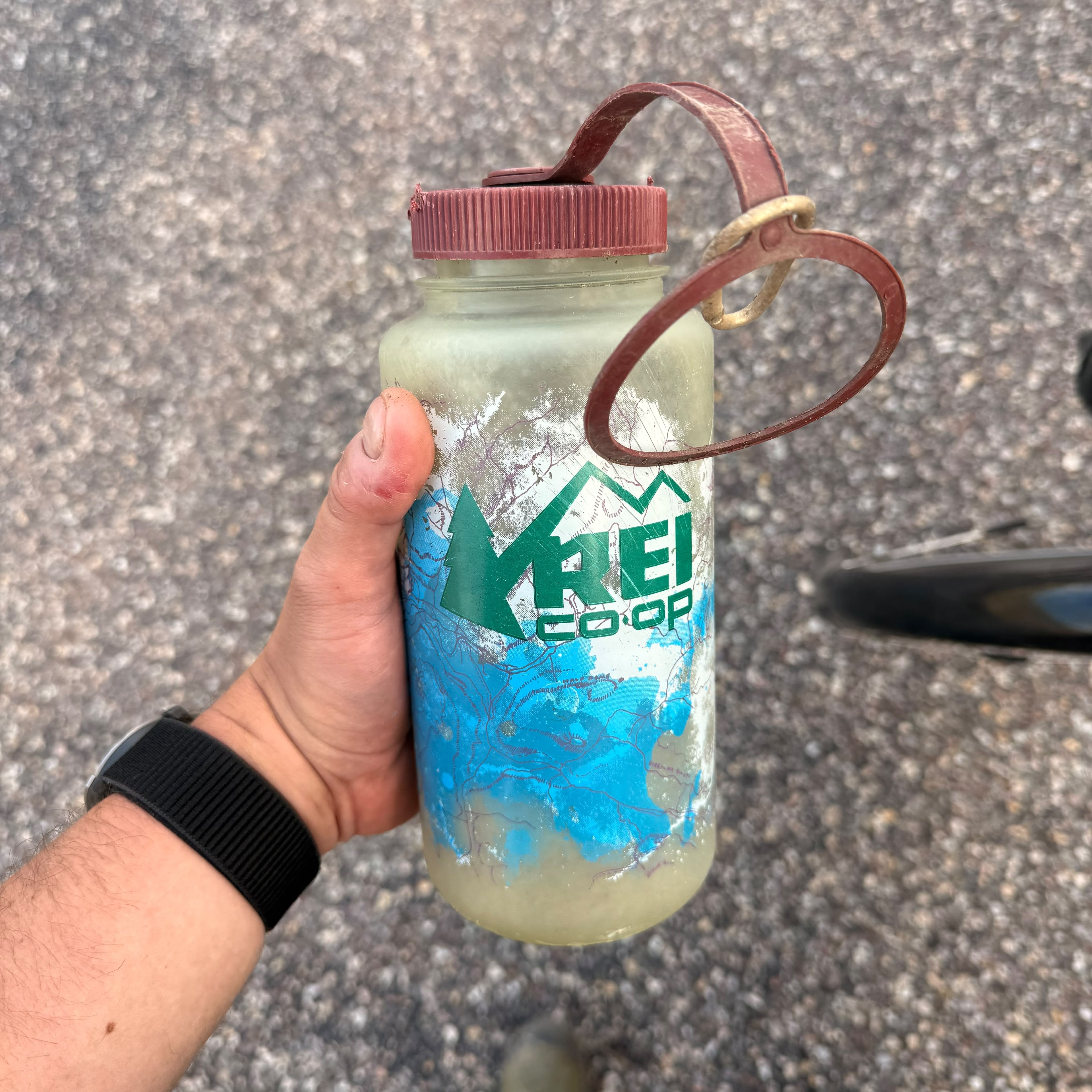 A worn Nalgene bottle held in a hand