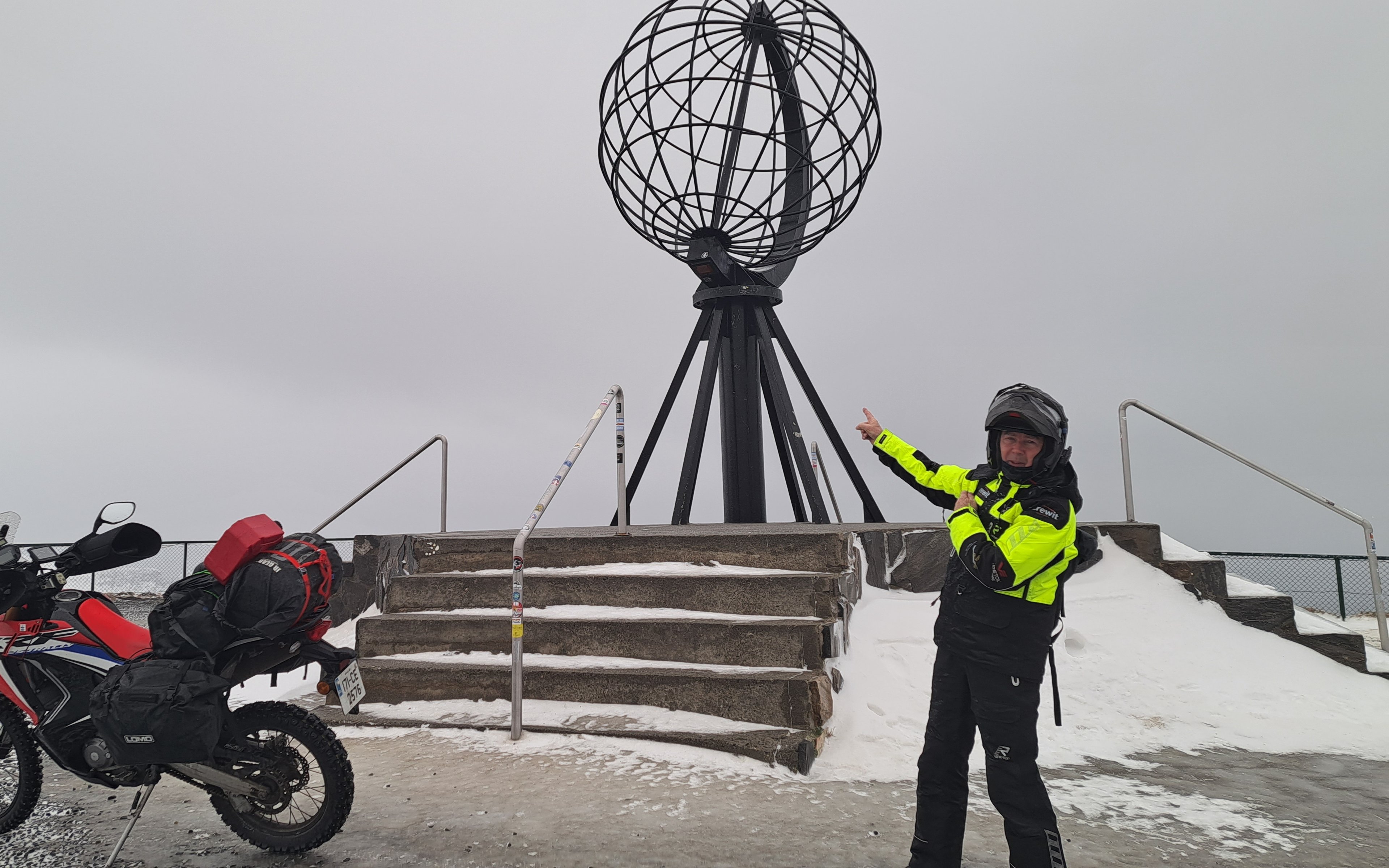 Declan McEvoy at the globe monument, Nordkapp, on his first solo winter attempt