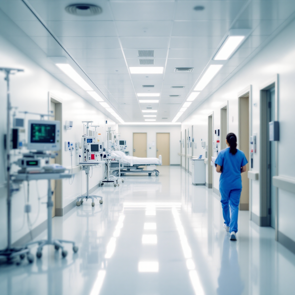 Hospital room with a nurse and equipment