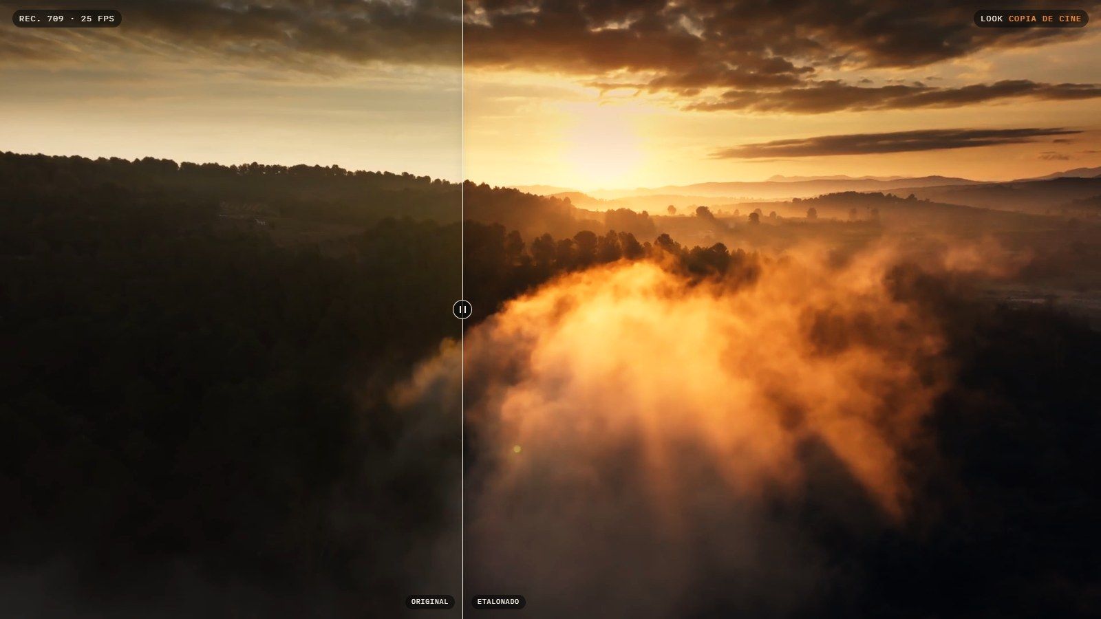 Dawn light over a fog-filled valley, split down the middle: the original on the left, the warm film-print grade on the right