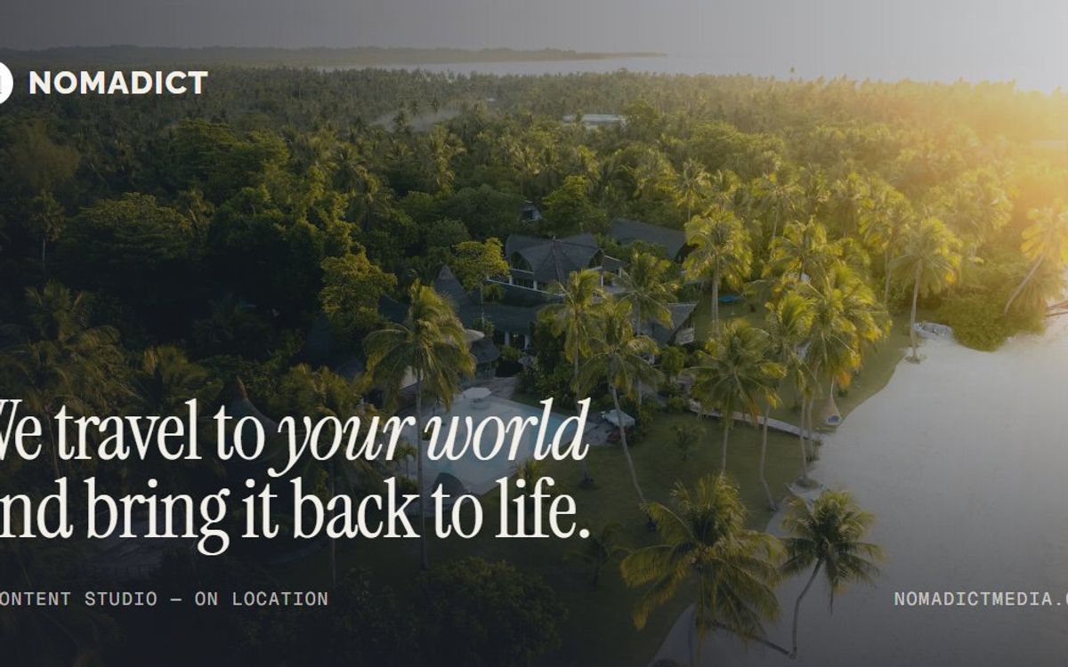 Nomadict Media home page with the line “We travel to your world and bring it back to life” over an aerial jungle shot