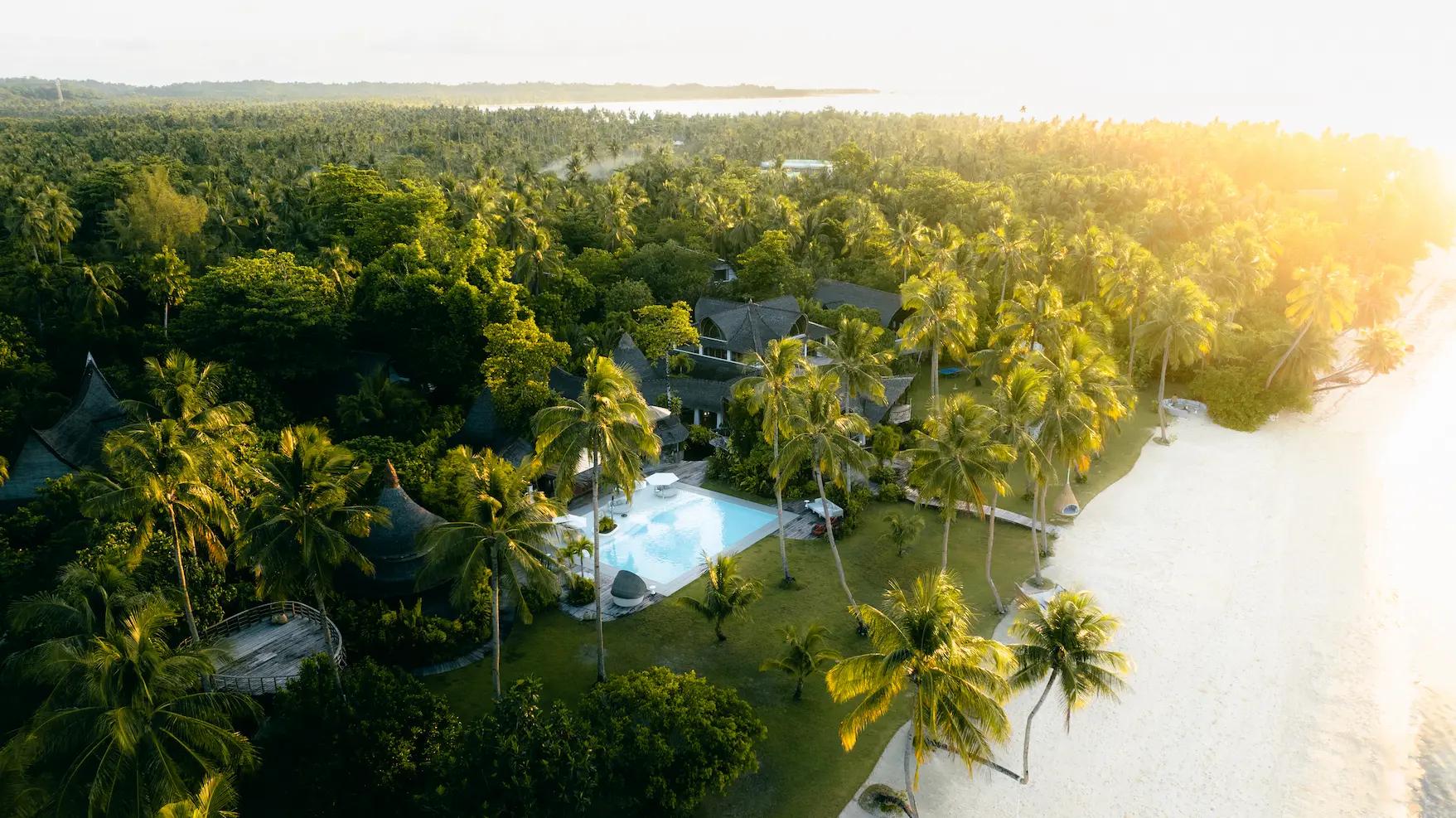 Aerial view of villas and a pool among palm trees, beside a white-sand beach