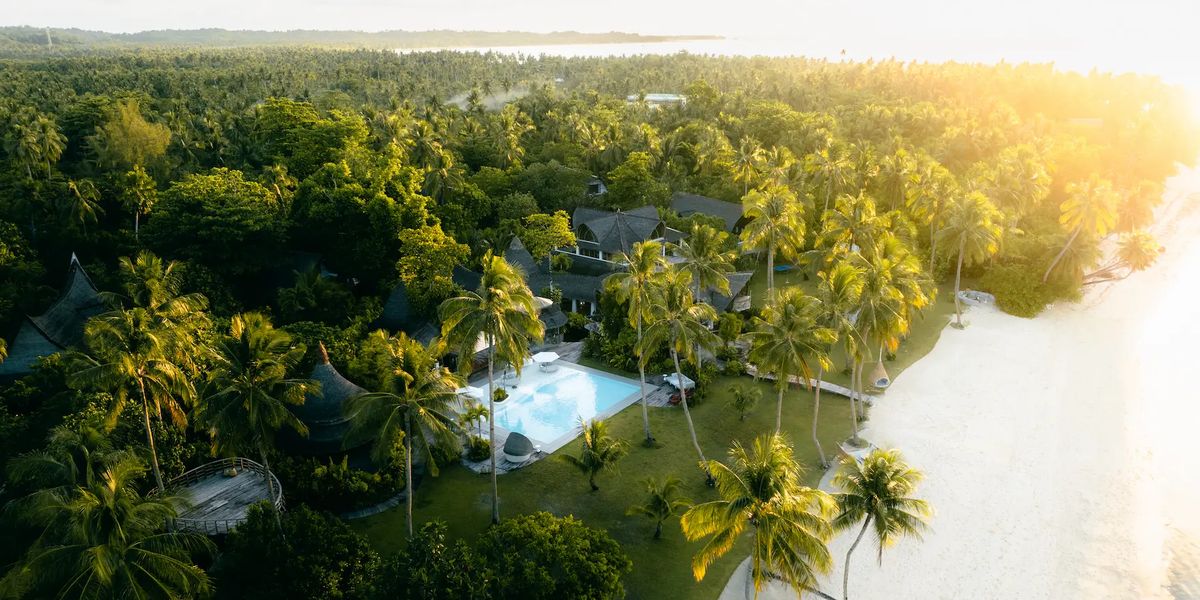 Aerial view of villas and a pool among palm trees, beside a white-sand beach