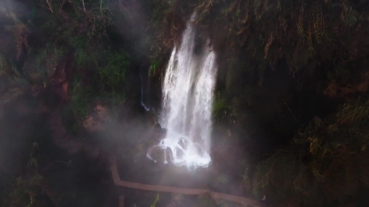 The waterfall in Anna through the mist, seen from a drone