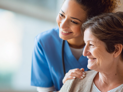 Nurse and female patient smiling together