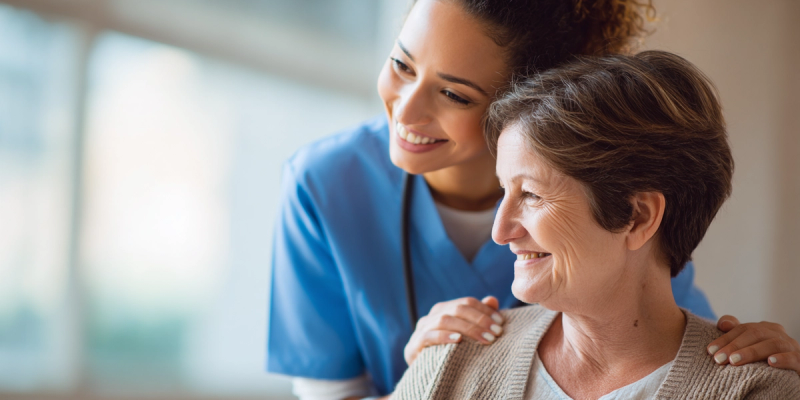 Nurse and female patient smiling together