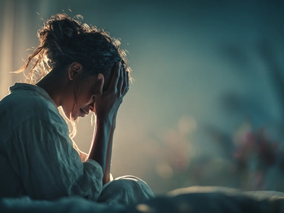 A woman experiencing a panic attack in her home.