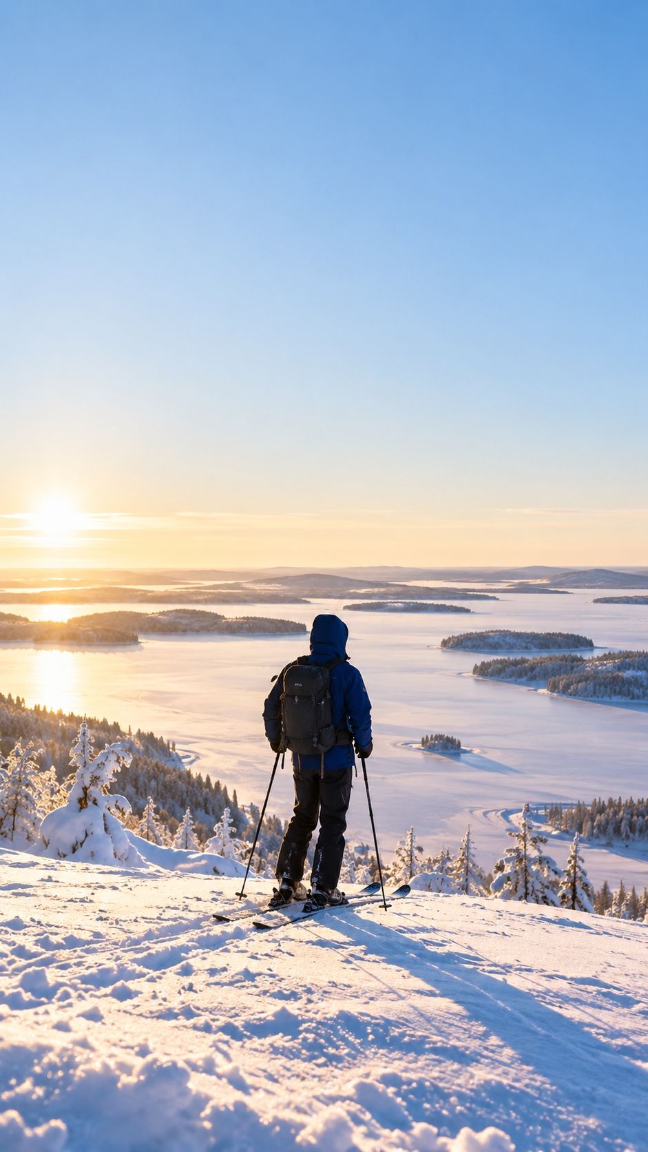 Hiihtäjä rinteen päällä katsoo jäätynyttä järveä.