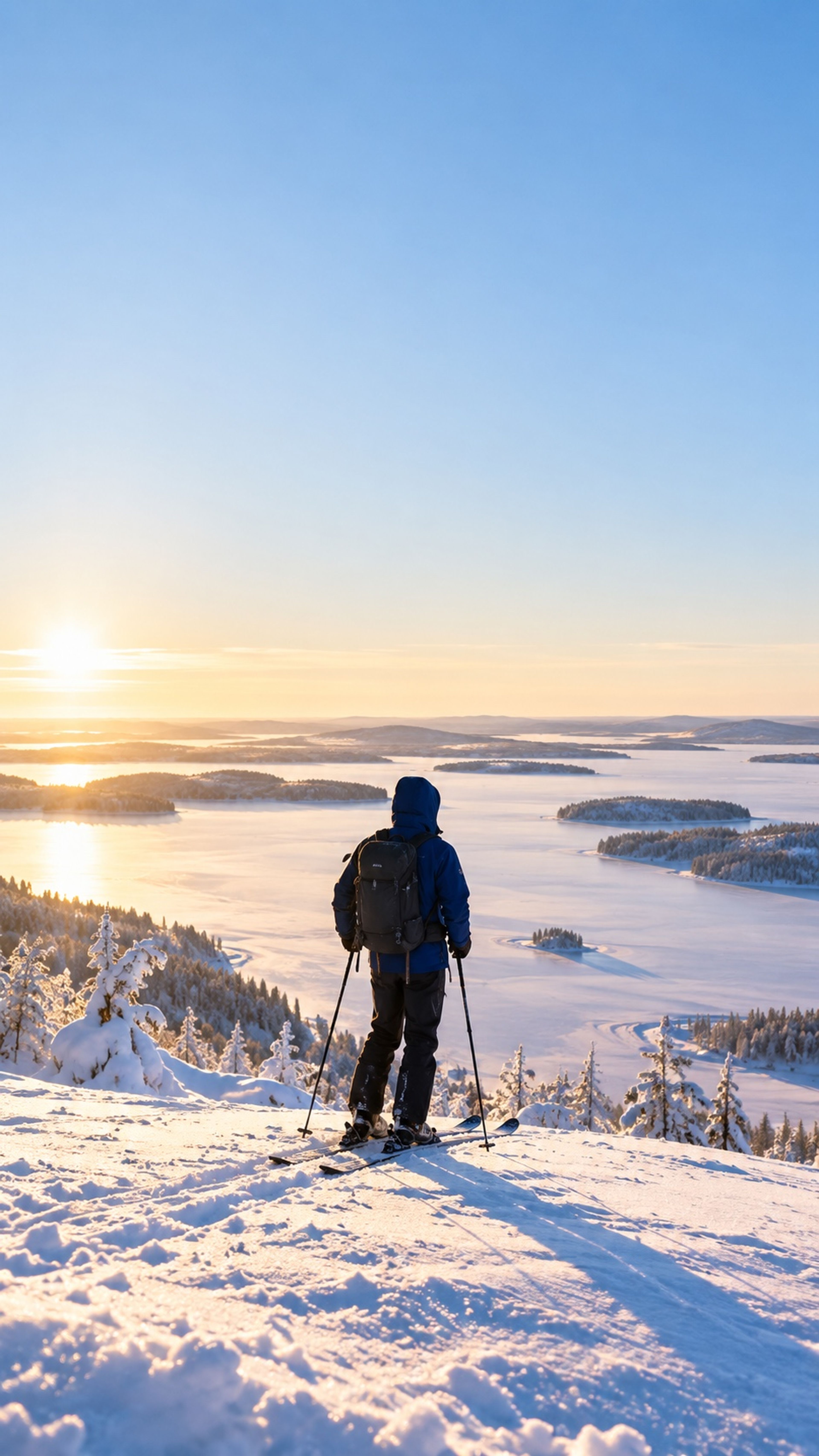 Hiihtäjä rinteen päällä katsoo jäätynyttä järveä.