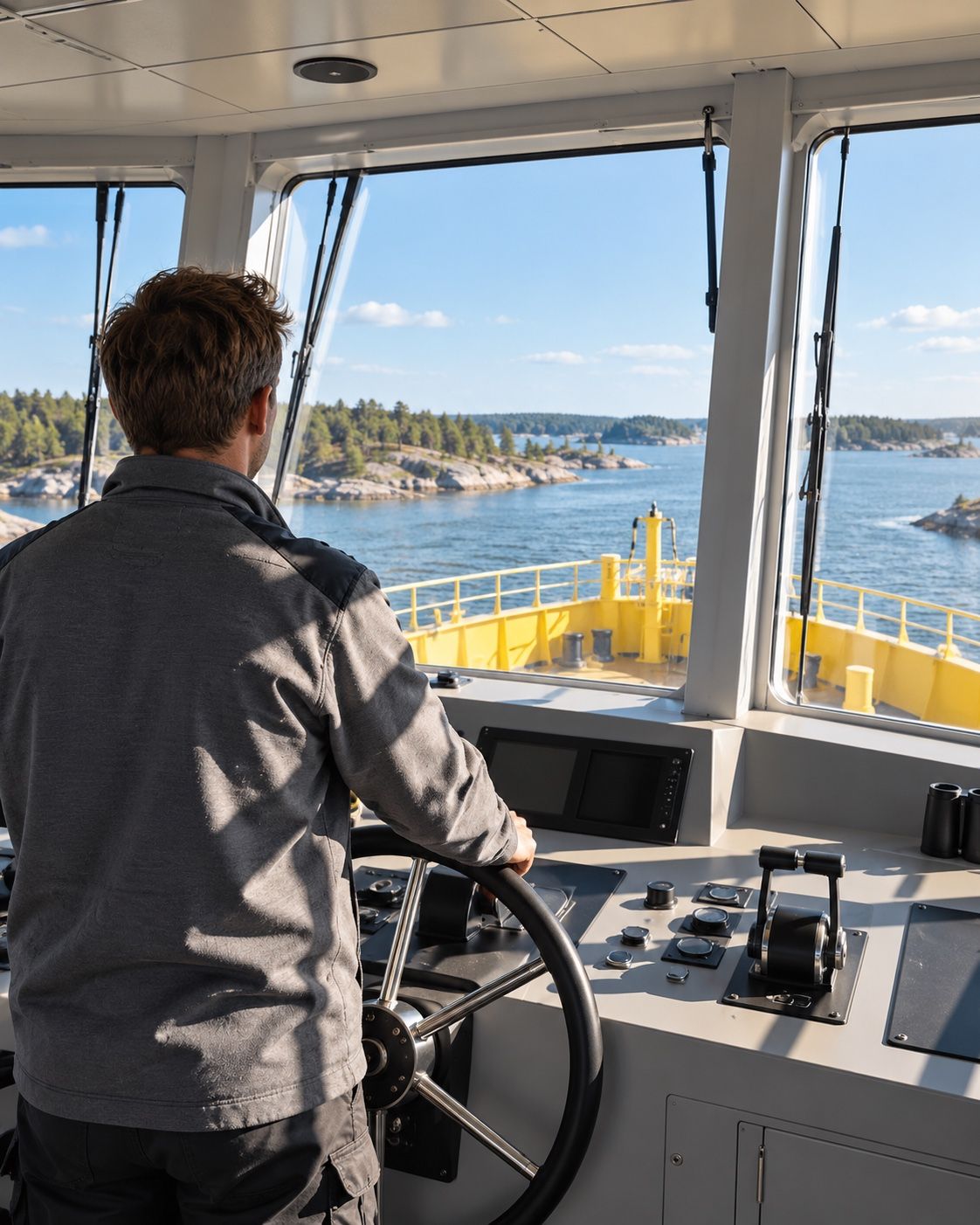Miehistön jäsen ruorissa selin, ikkunasta näkyy saaristo.