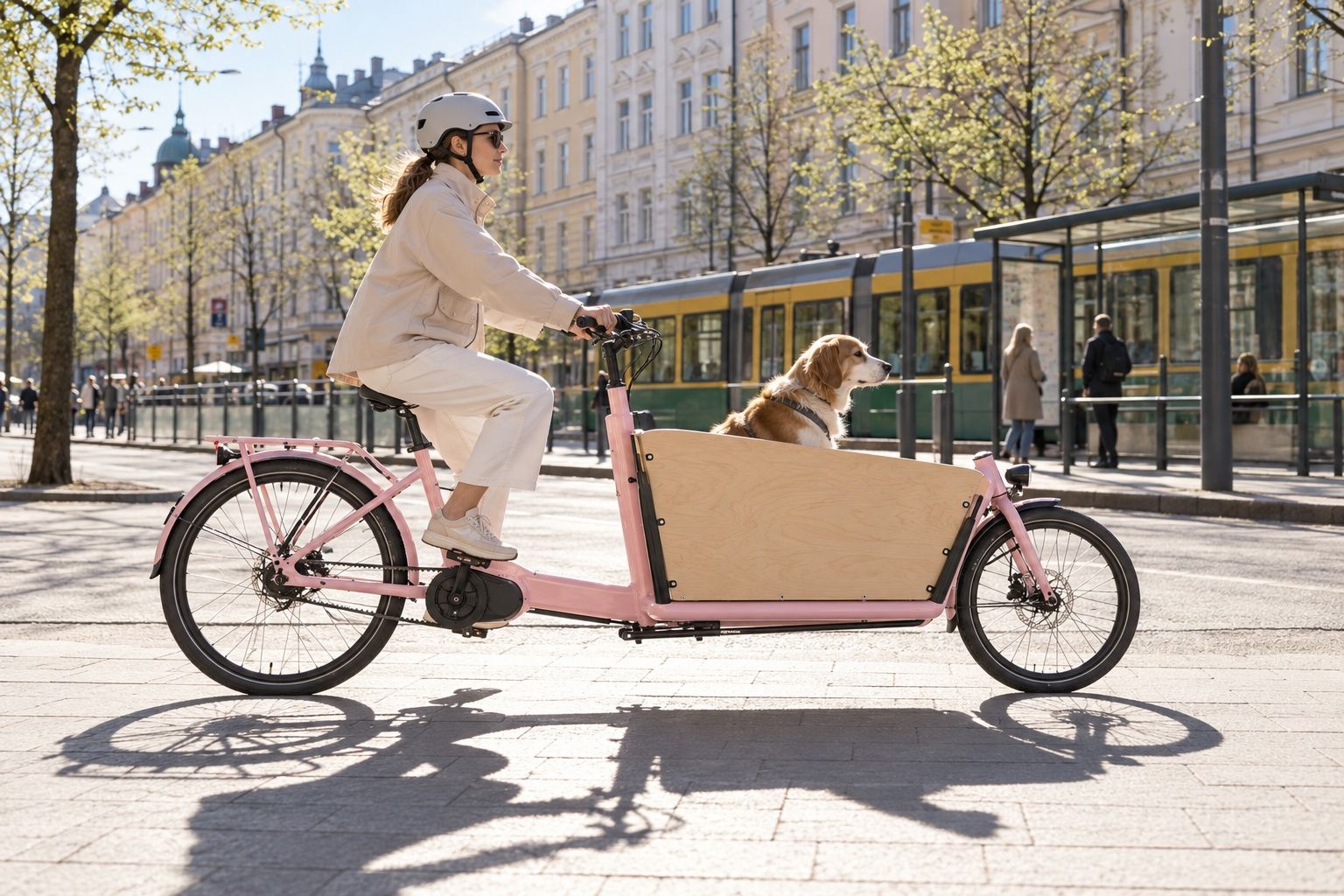 Tavarapyöräilijä sivulta helsinkiläisellä kadulla aamuauringossa.