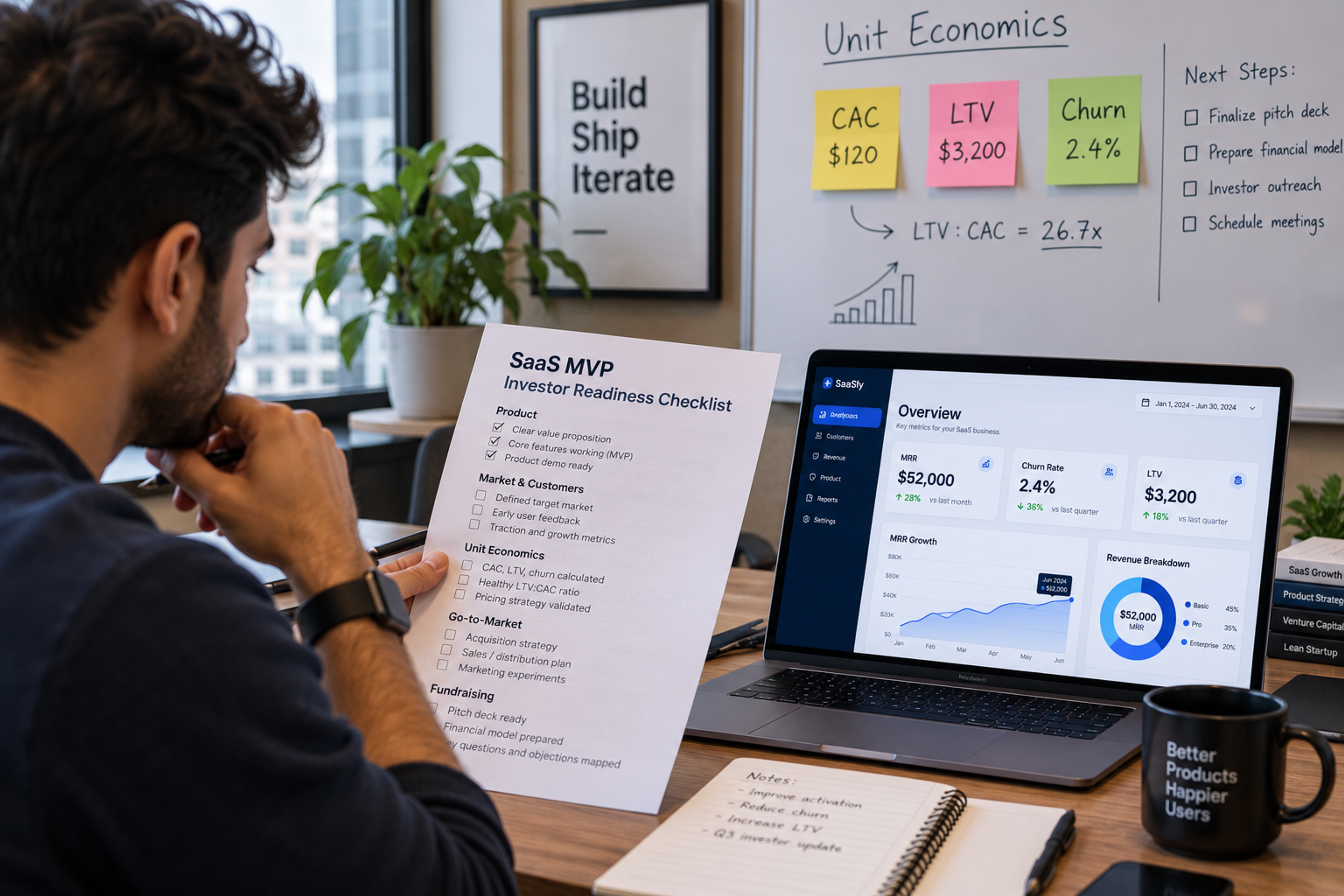 Founder reviewing a SaaS MVP investor readiness checklist beside a laptop dashboard and unit economics notes.