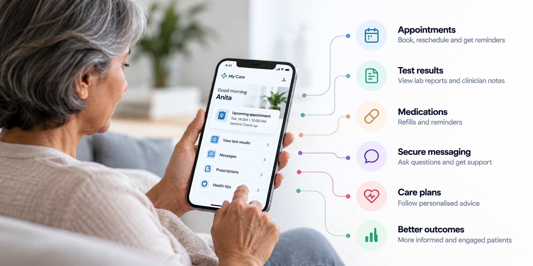 Patient using a healthcare mobile app for appointments, test results, medication reminders, secure messaging, and care plans.