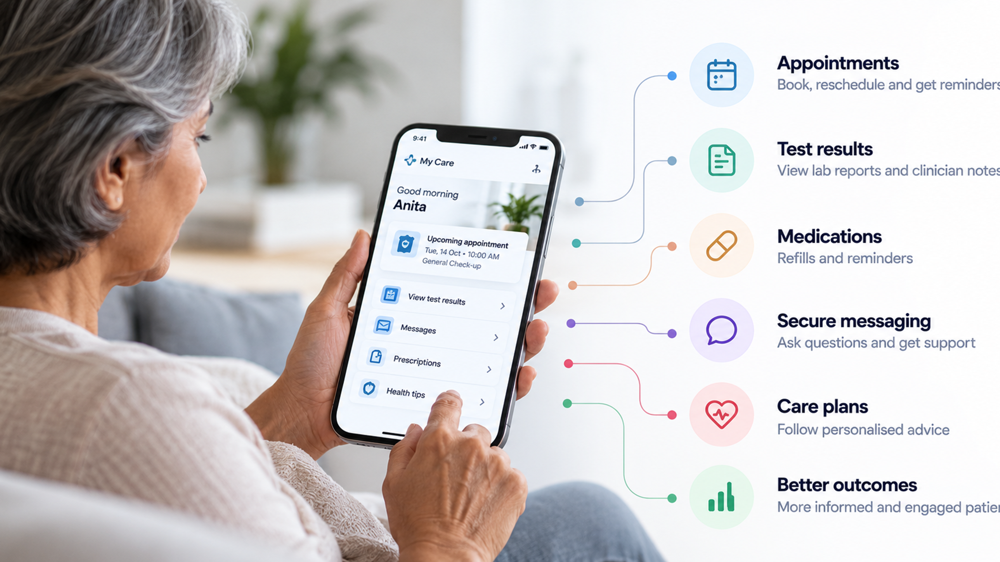 Patient using a healthcare mobile app for appointments, test results, medication reminders, secure messaging, and care plans.