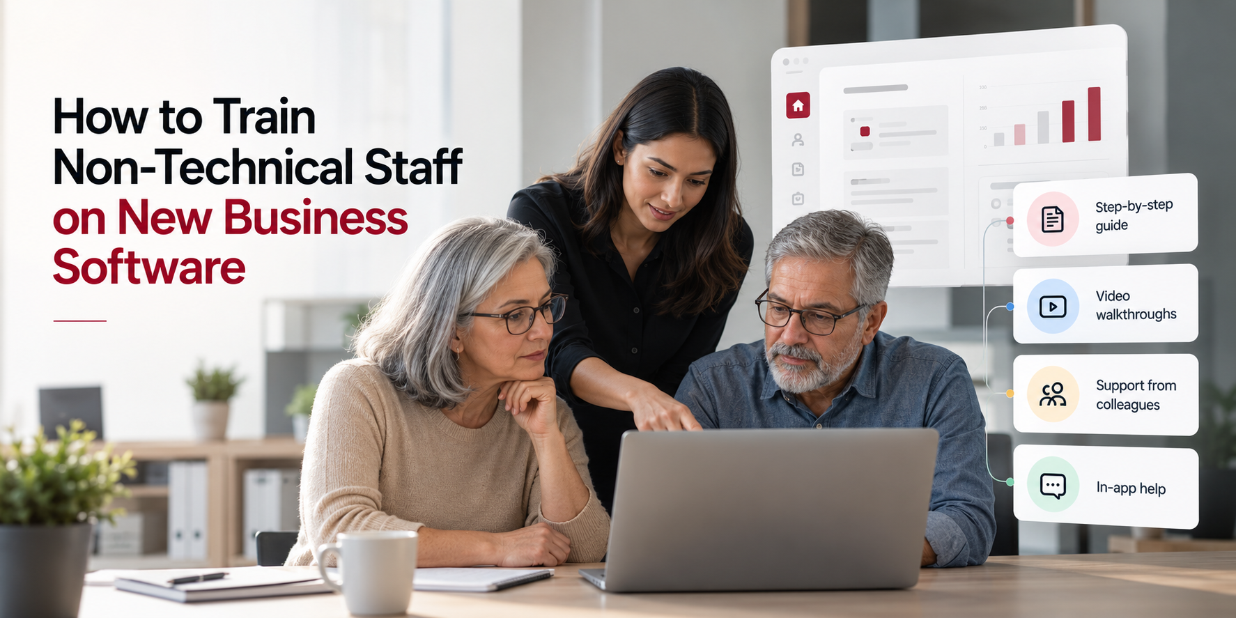 Employees learning new business software with guidance from a trainer, step-by-step instructions, video walkthroughs, colleague support, and in-app help.