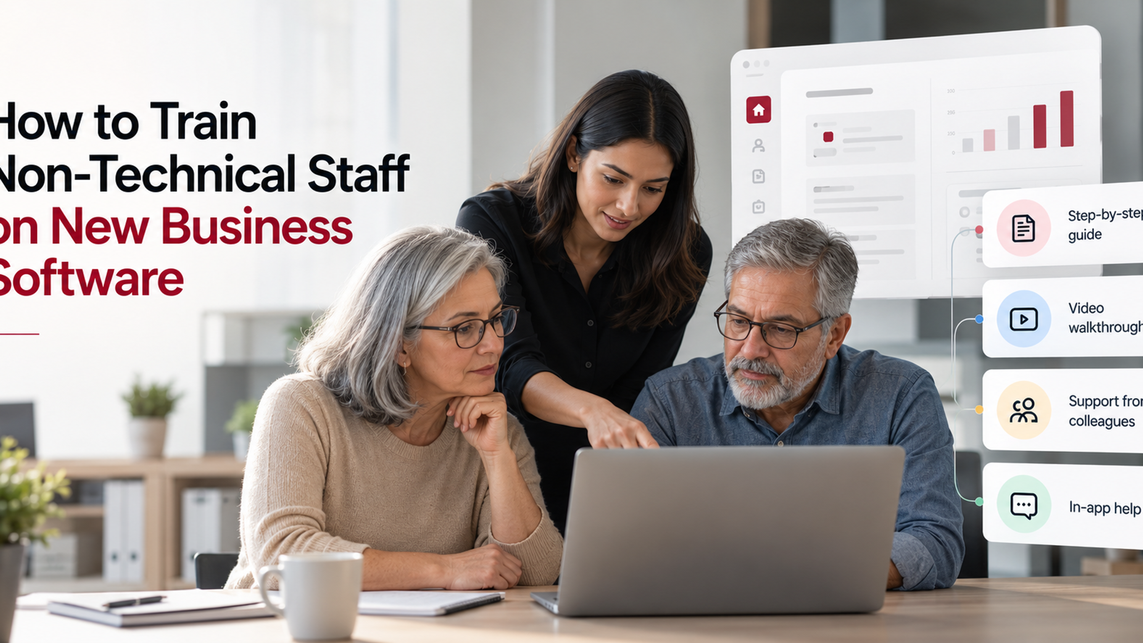 Employees learning new business software with guidance from a trainer, step-by-step instructions, video walkthroughs, colleague support, and in-app help.