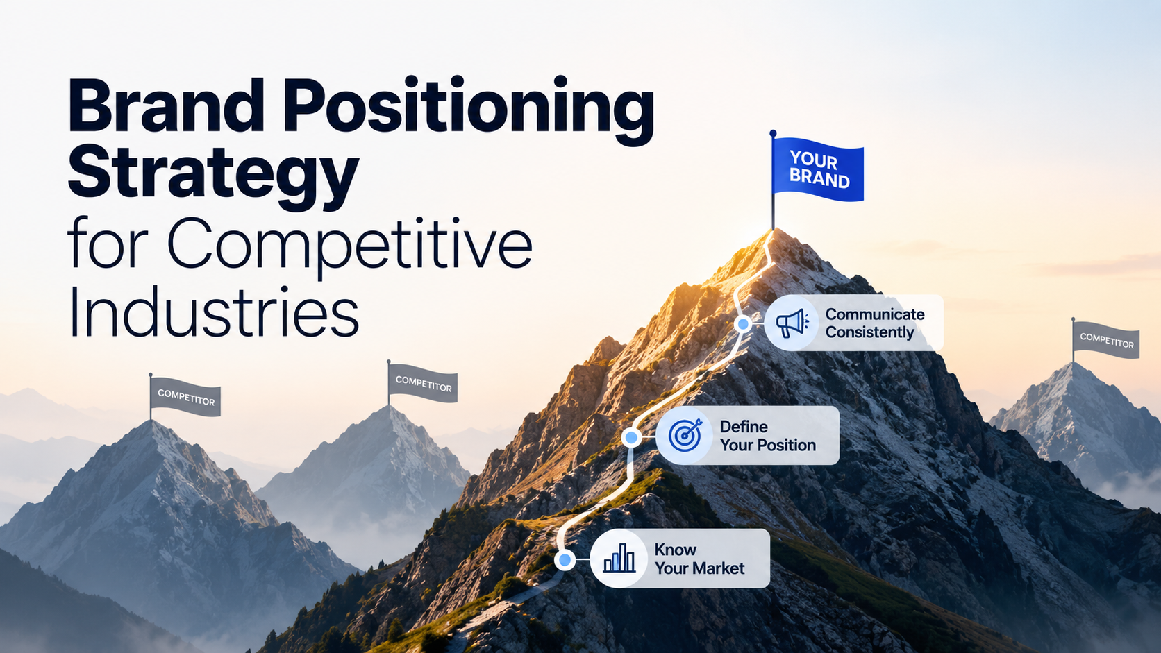 Mountain-path illustration showing a brand climbing above competitors through market understanding, clear positioning, and consistent communication