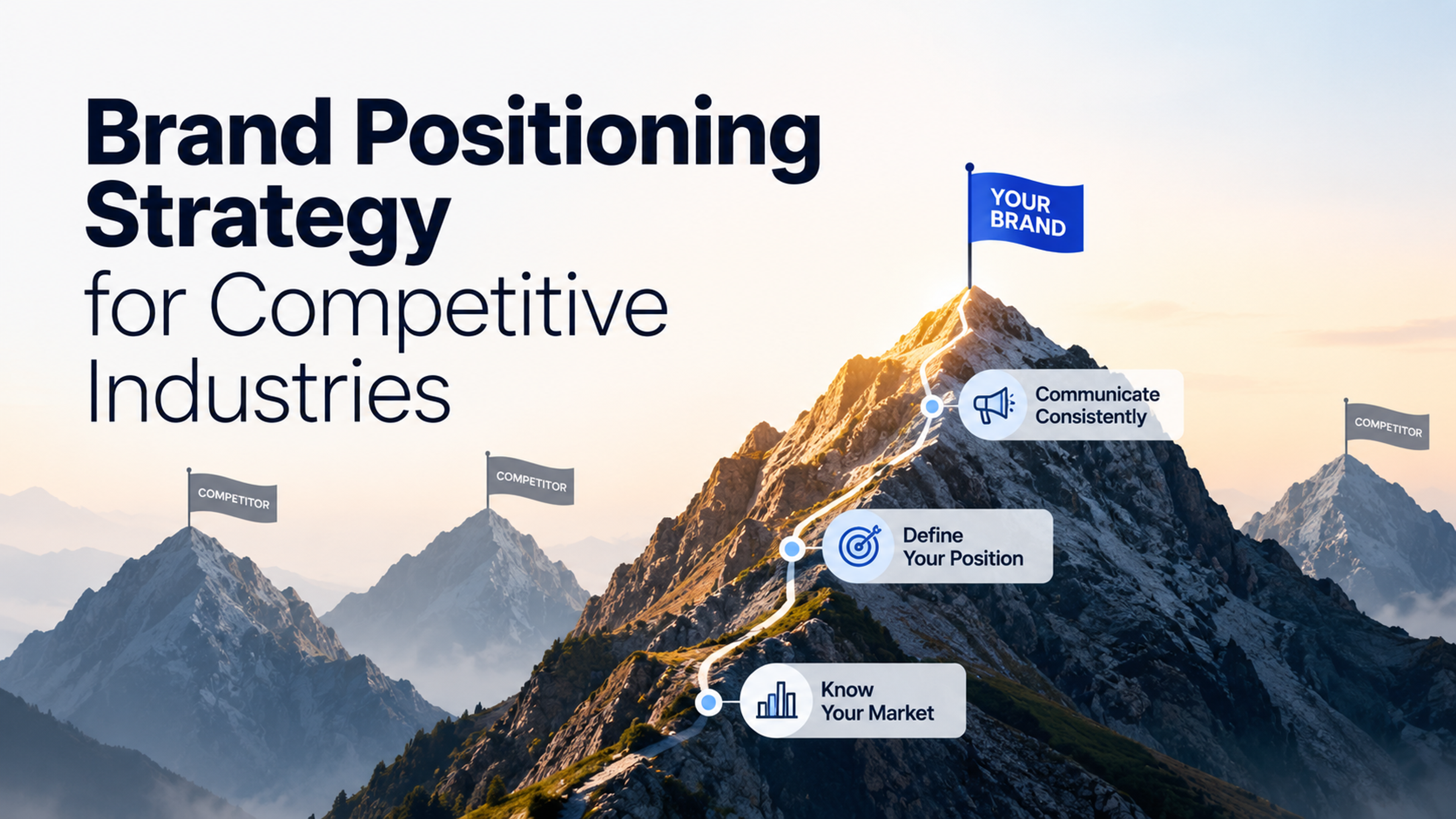 Mountain-path illustration showing a brand climbing above competitors through market understanding, clear positioning, and consistent communication