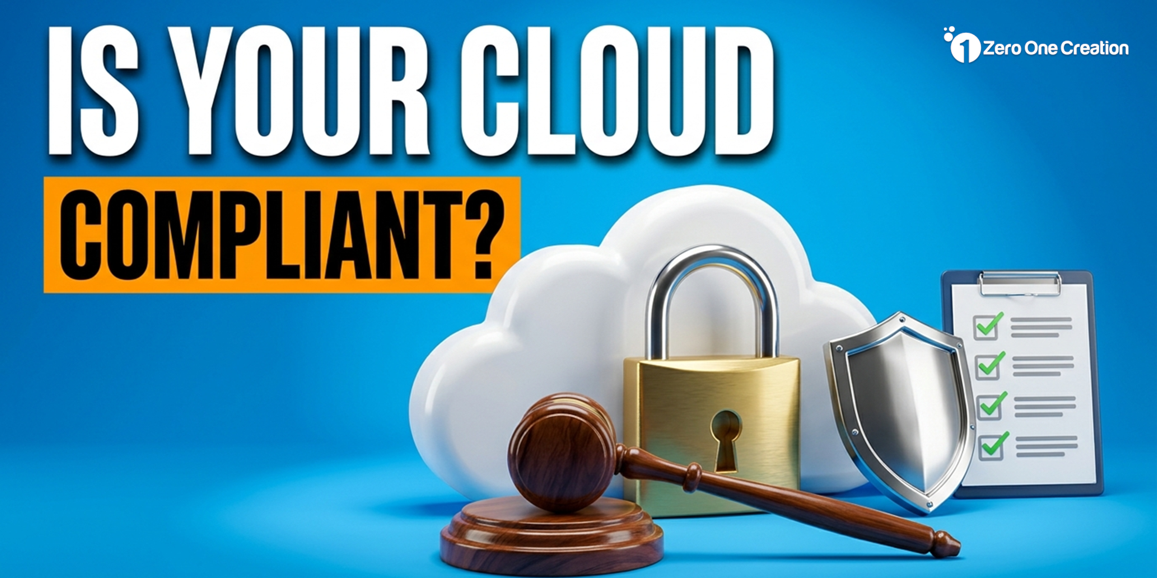 Headline "Is your cloud compliant?" with a glossy 3D cloud locked with a golden padlock, guarded by a shield, beside a judge's gavel and a checklist with green checkmarks.