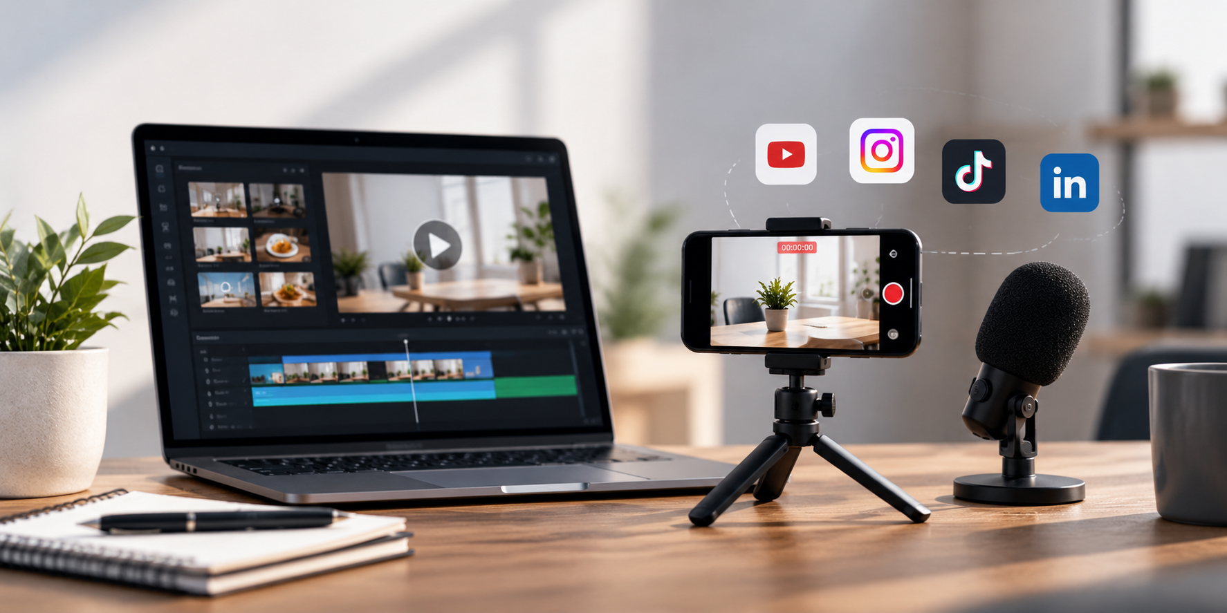Small-business video marketing setup showing a smartphone, simple microphone and light, editing workflow, social media clips, and content repurposing for a limited budget