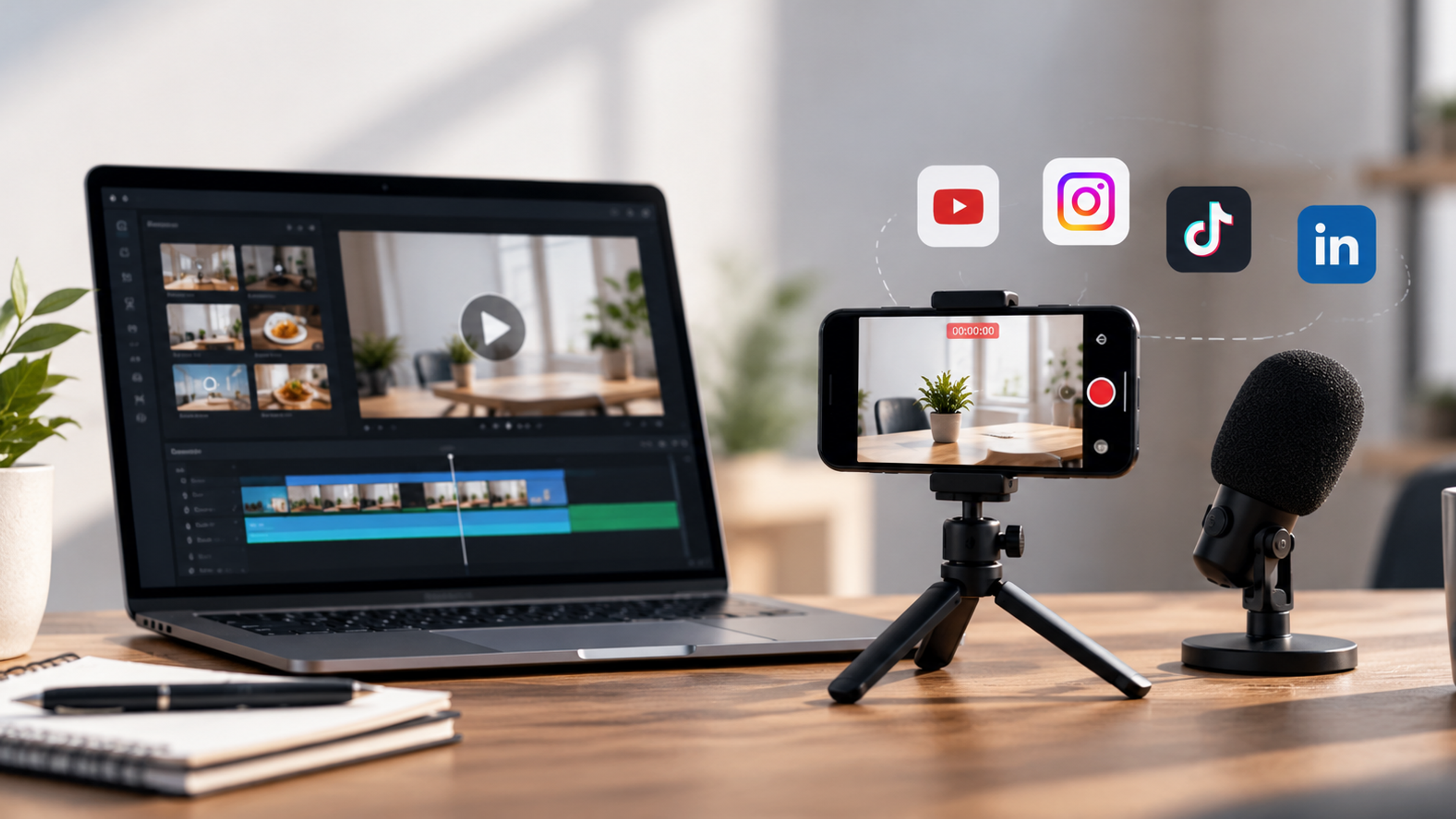 Small-business video marketing setup showing a smartphone, simple microphone and light, editing workflow, social media clips, and content repurposing for a limited budget