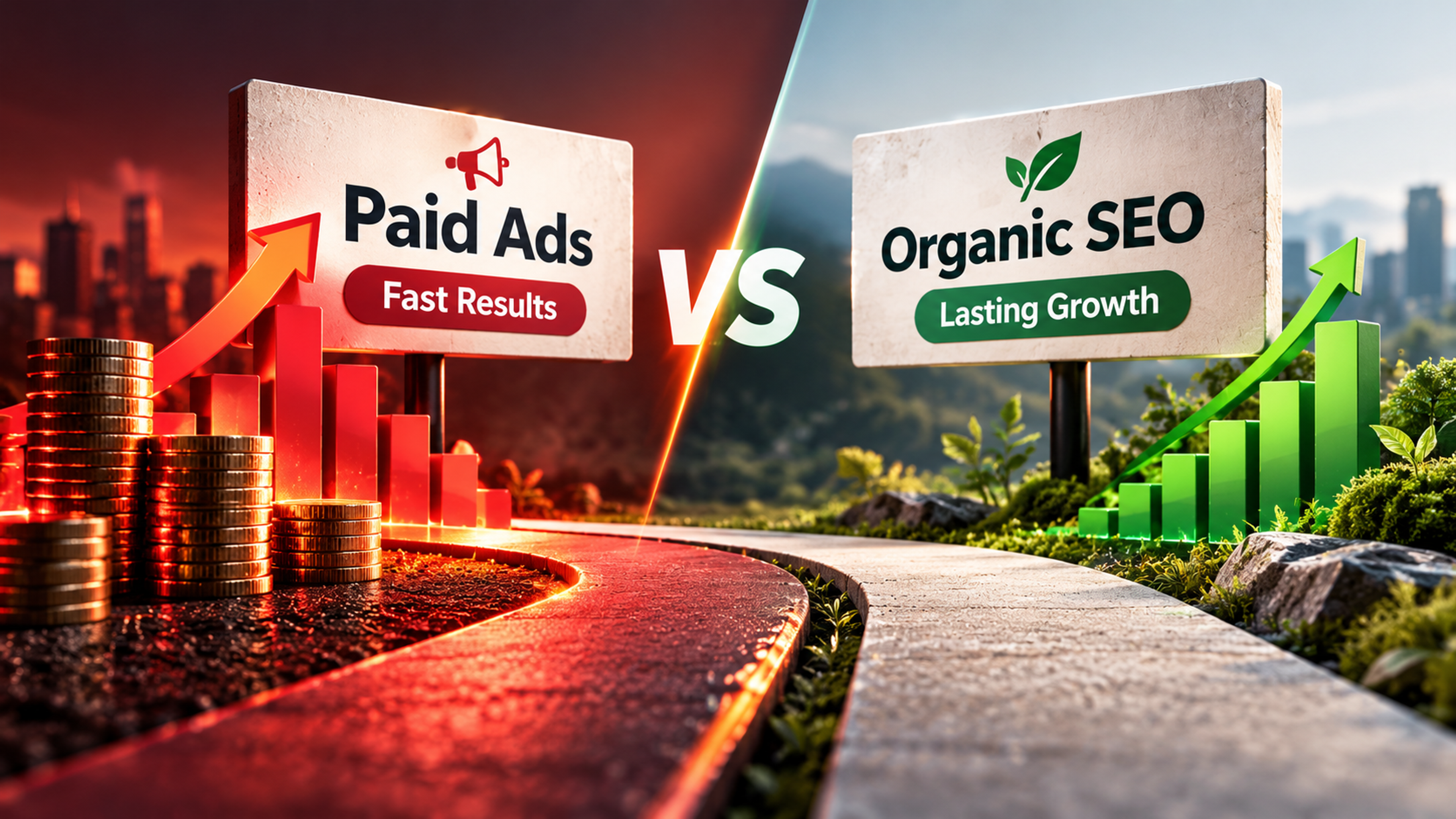 Infographic comparing paid ads and organic SEO for SMEs, showing ongoing ad costs and quick results versus gradual SEO growth and lasting organic traffic.