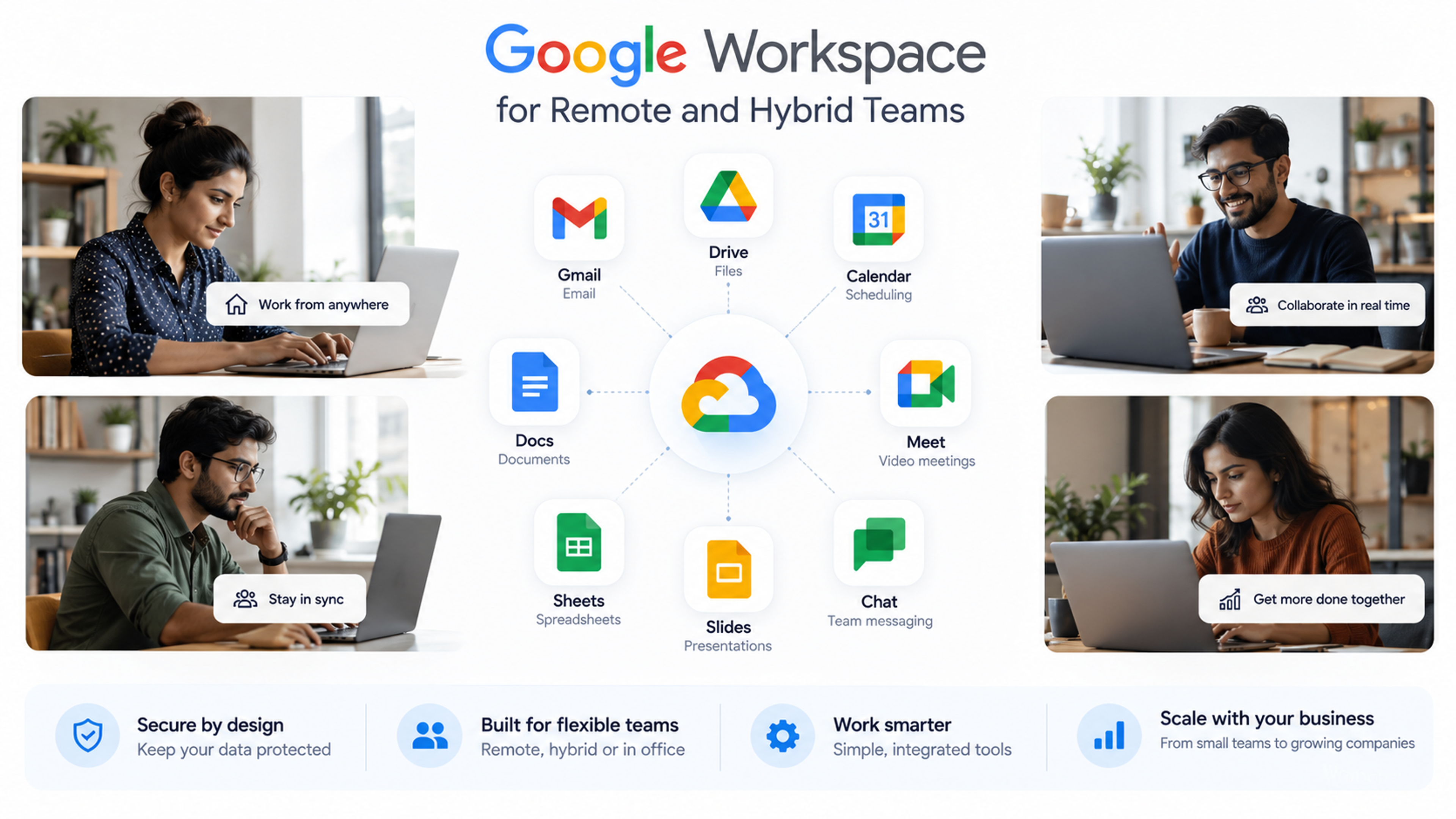 Google Workspace infographic featuring Gmail, Drive, Meet, Calendar, Docs, Sheets, Slides, and Chat connecting remote and hybrid teams